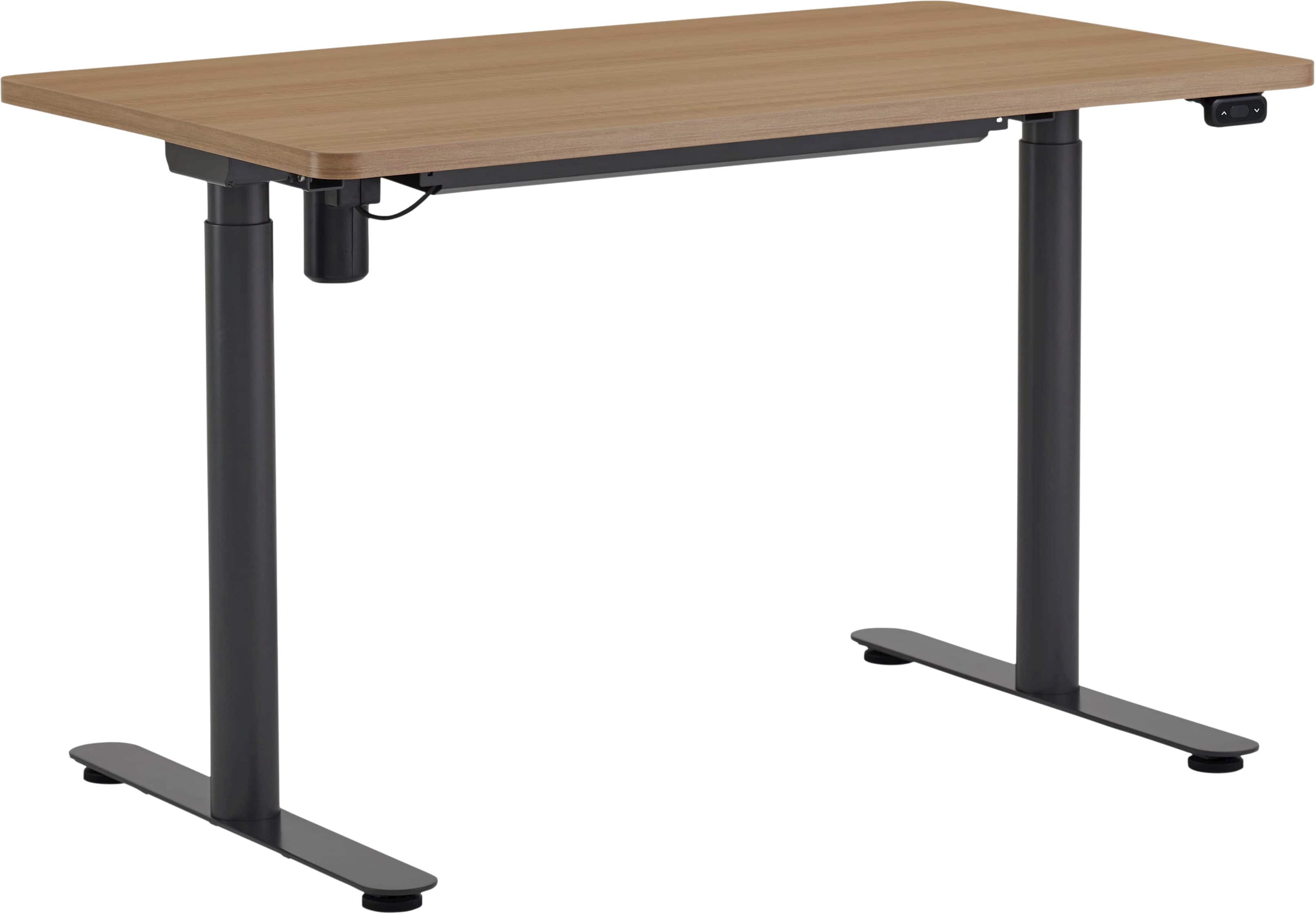 Angle. Steelcase - AMQ Sit-to-Stand Desk - Merele Base Dark Oak Top.