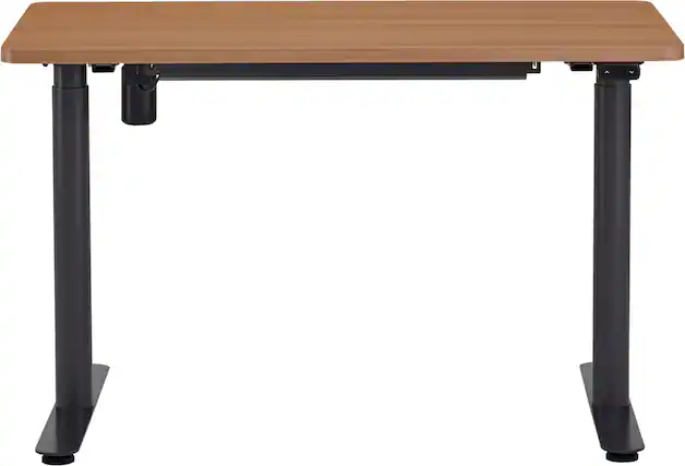 Front. Steelcase - AMQ Sit-to-Stand Desk - Merele Base Dark Oak Top.