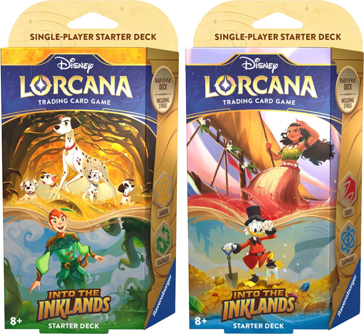 The image features two boxes of a Disney trading card game, Lorcana. Each box contains a single-player starter deck, which includes 80 cards and 2 foils. The cards are designed with various characters and themes, making it an exciting and engaging game for Disney fans.