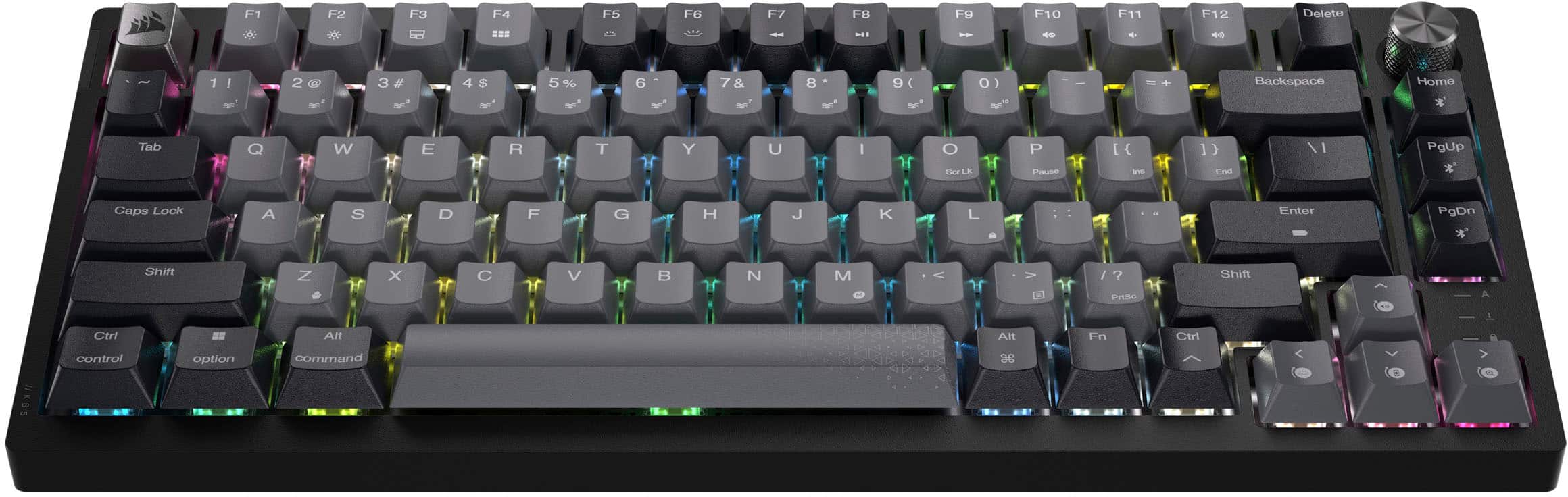 Angle. CORSAIR - K65 PLUS WIRELESS 75% RGB Mechanical Pre-Lubricated MLX Red Linear Switch Gaming Keyboard with Hot-Swappable Switches - Black/Gray.