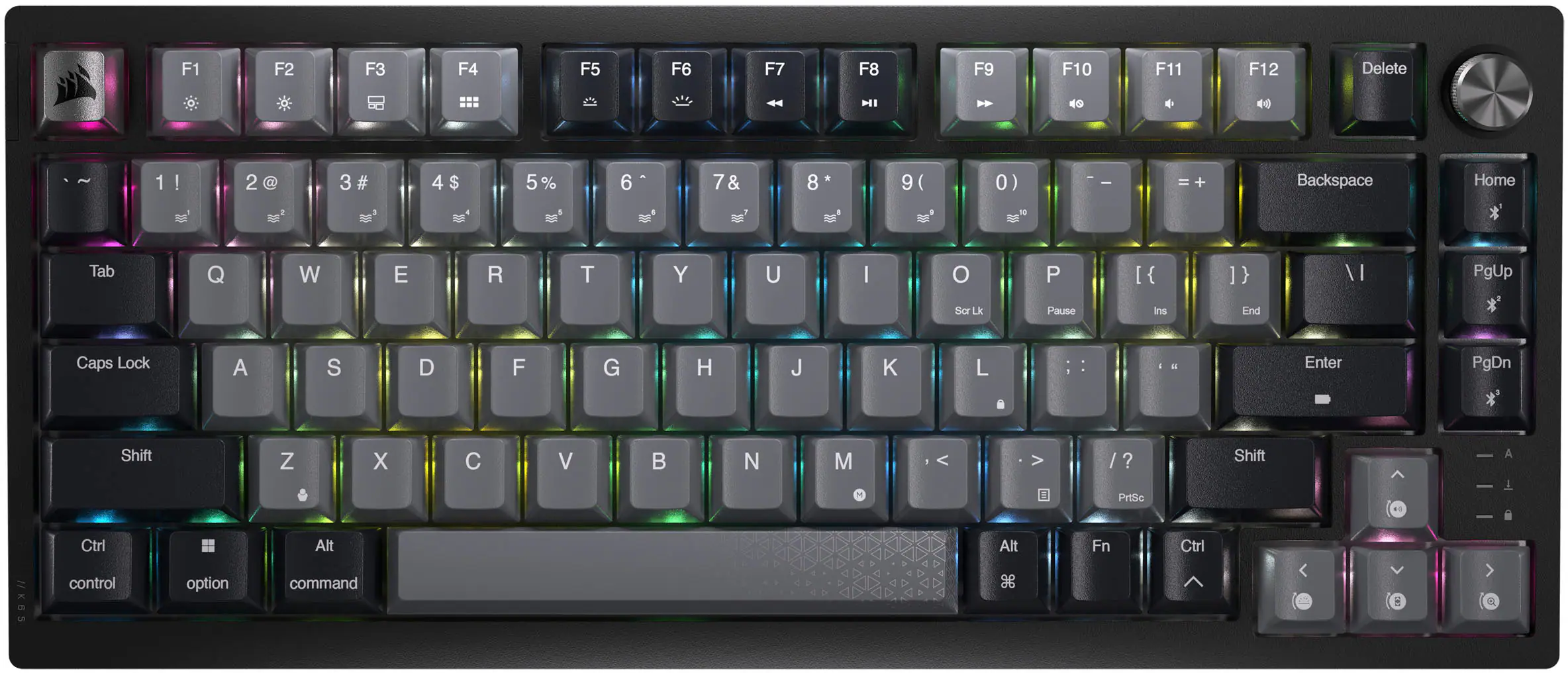 Front. CORSAIR - K65 PLUS RGB 75% Wireless Mechanical Pre-Lubricated MLX Red Linear Switch Gaming Keyboard with Hot-Swappable Switches - Black/Gray.