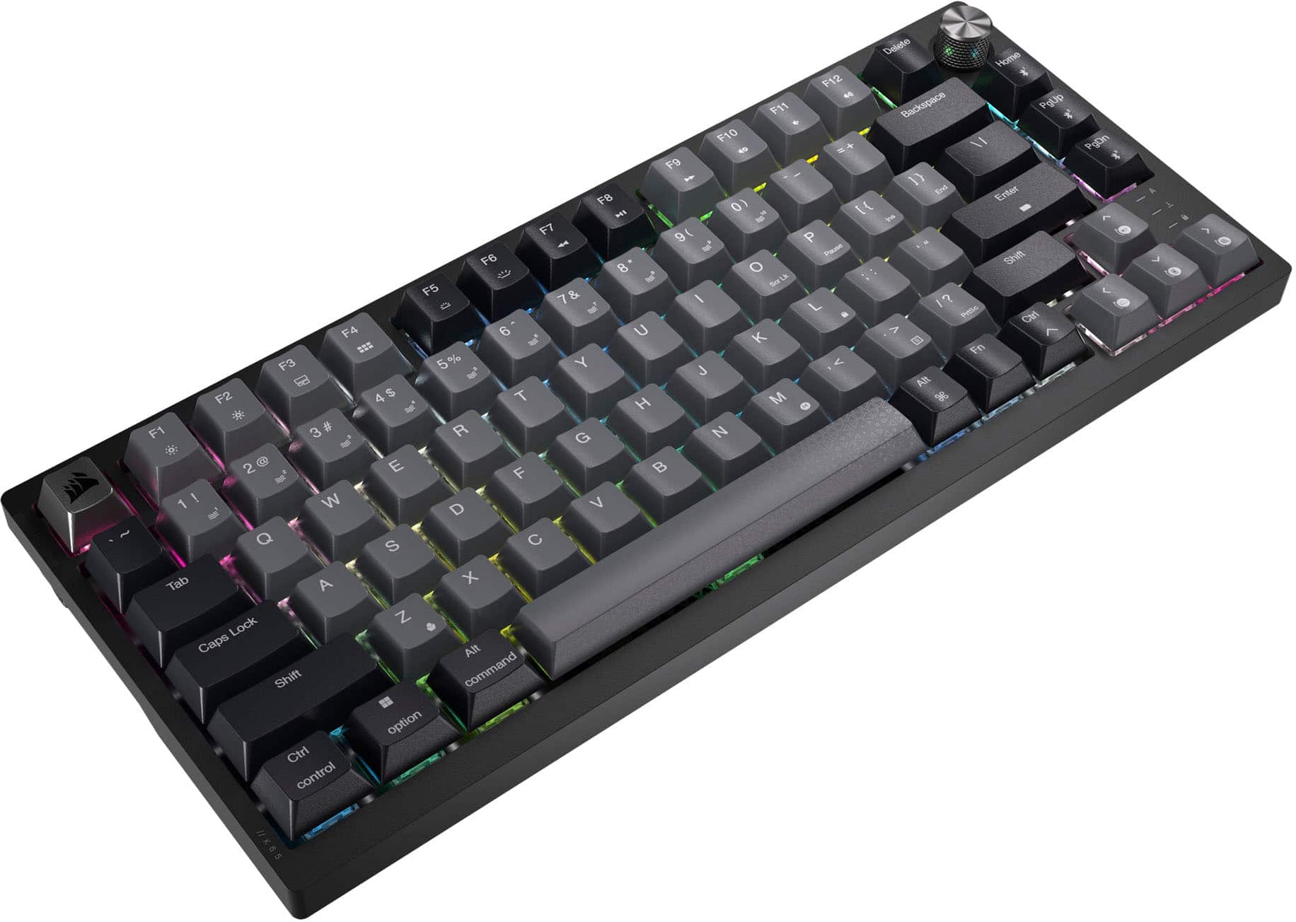 Left. CORSAIR - K65 PLUS WIRELESS 75% RGB Mechanical Pre-Lubricated MLX Red Linear Switch Gaming Keyboard with Hot-Swappable Switches - Black/Gray.