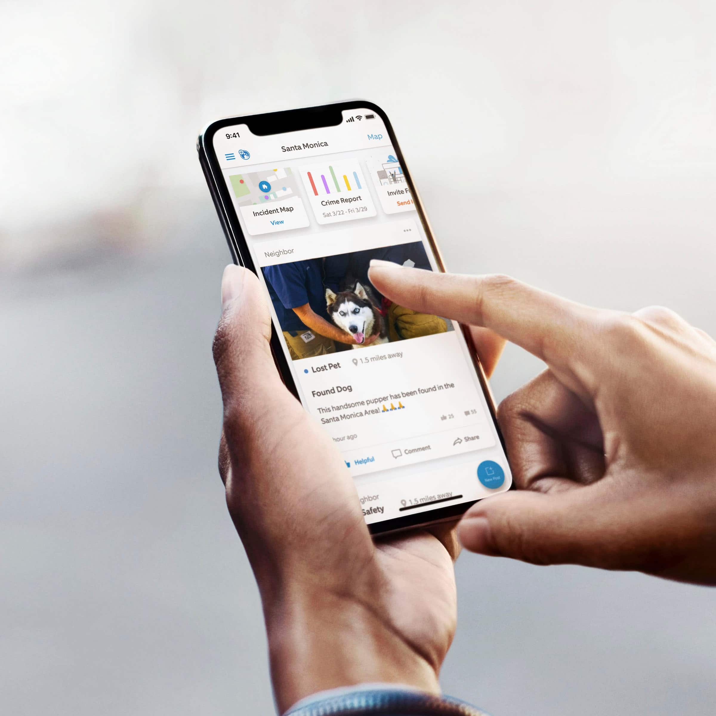 The text on the image reads: "9:41 Santa Monica al ap Incident Map View Crime Report 3/22 I3/29 Sat Sowite + Send Neighbor 1.5 5 miles secky Lost Pet Dog found in the Found has been handsome pupper This Areal A 1 Santa Monica is your ago Share Comment Ielpful ghbor Safety Smiles -M 1".