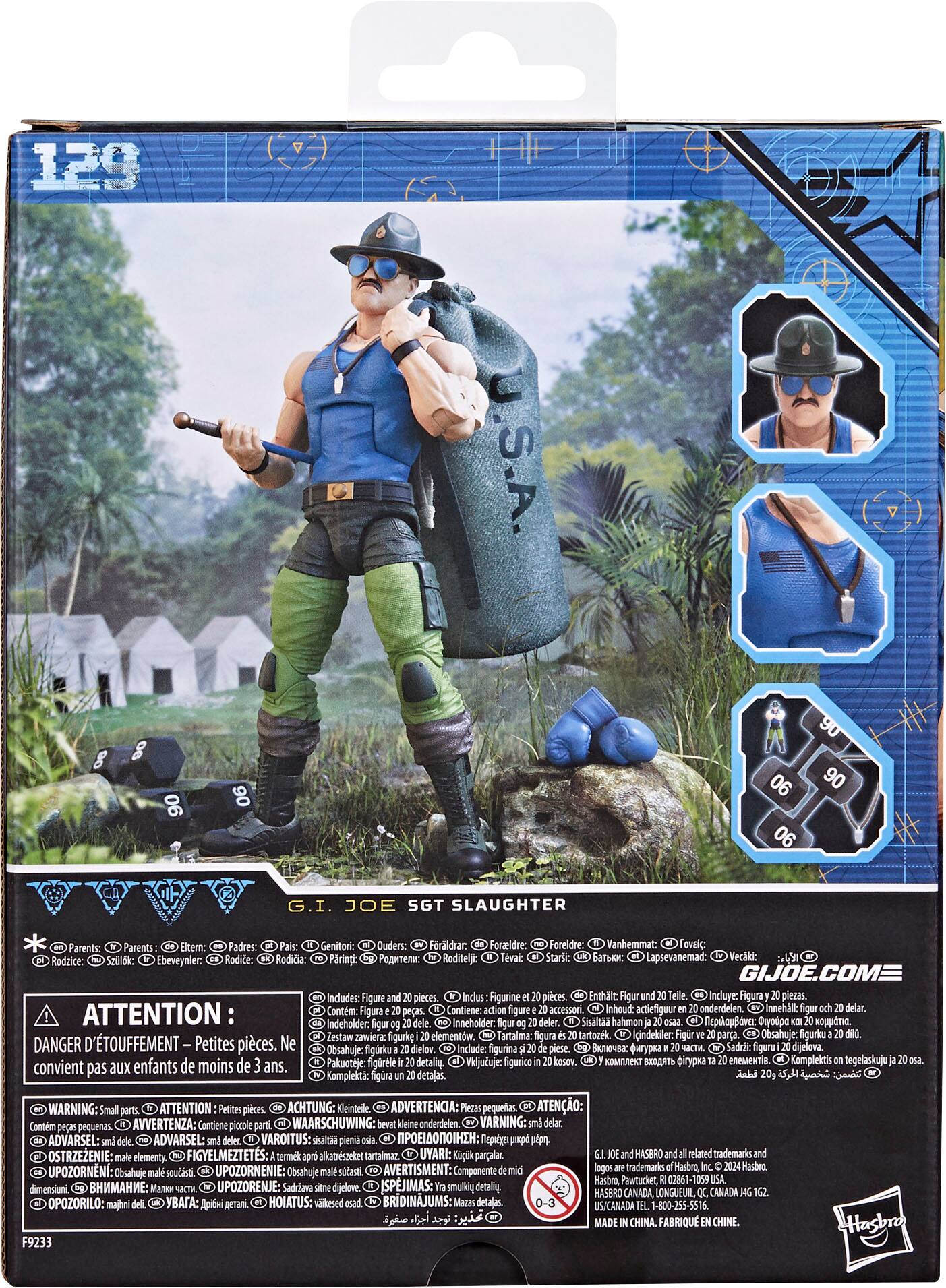 The box contains a G.I. Joe Sgt. Slaughter action figure, which is a collectible toy. The figure is wearing a blue shirt and is carrying a backpack. The box also includes a comic book and a poster. The toy is designed for children and comes with a warning to avoid choking hazards. The box is labeled with the number 129 and has a blue and white color scheme.