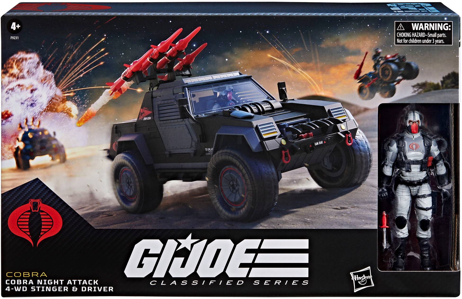 The text on the image reads: "WARNING: CHOKING HAZARD-Small parts. Not for children under 3 years. COBRA GIJOE= COBRA NIGHT ATTACK CLASSIFIED SERIES HIGH 4 4-WD STINGER & DRIVER."