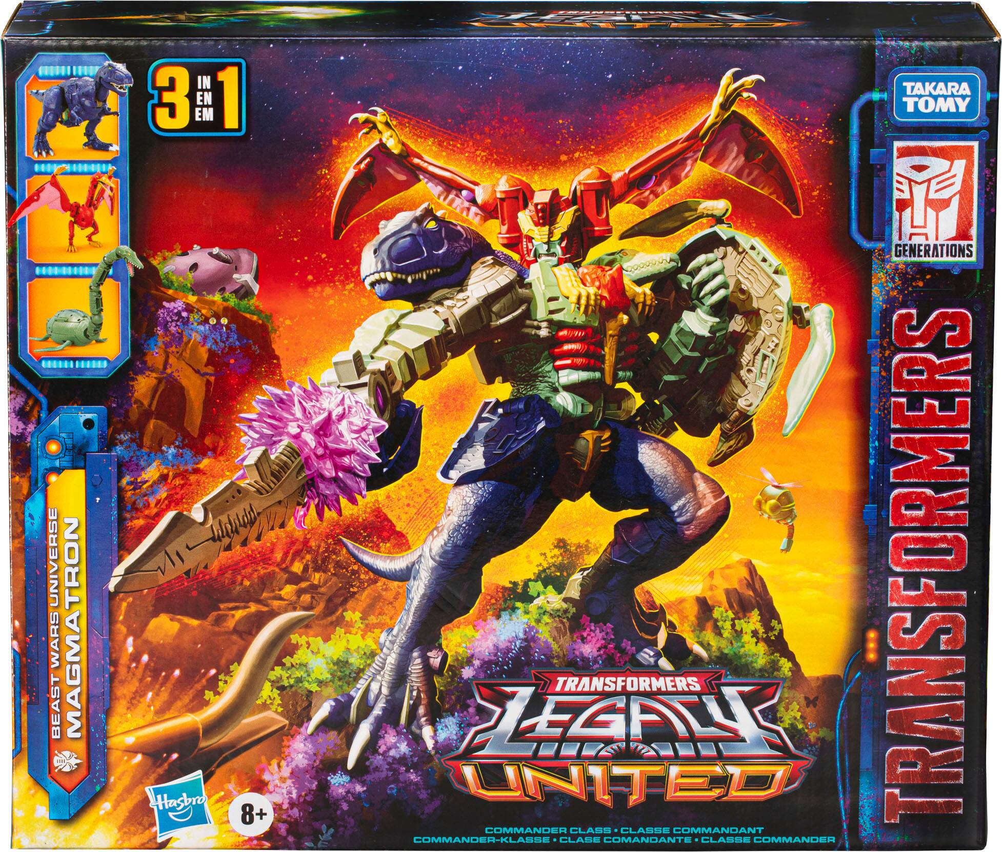 Transformers United Legacy Class Commander Magmatron is the largest figure in the box. The box contains various figures, including a dragon and a dinosaur. The box is designed to hold these figures securely and showcase them in an appealing manner.