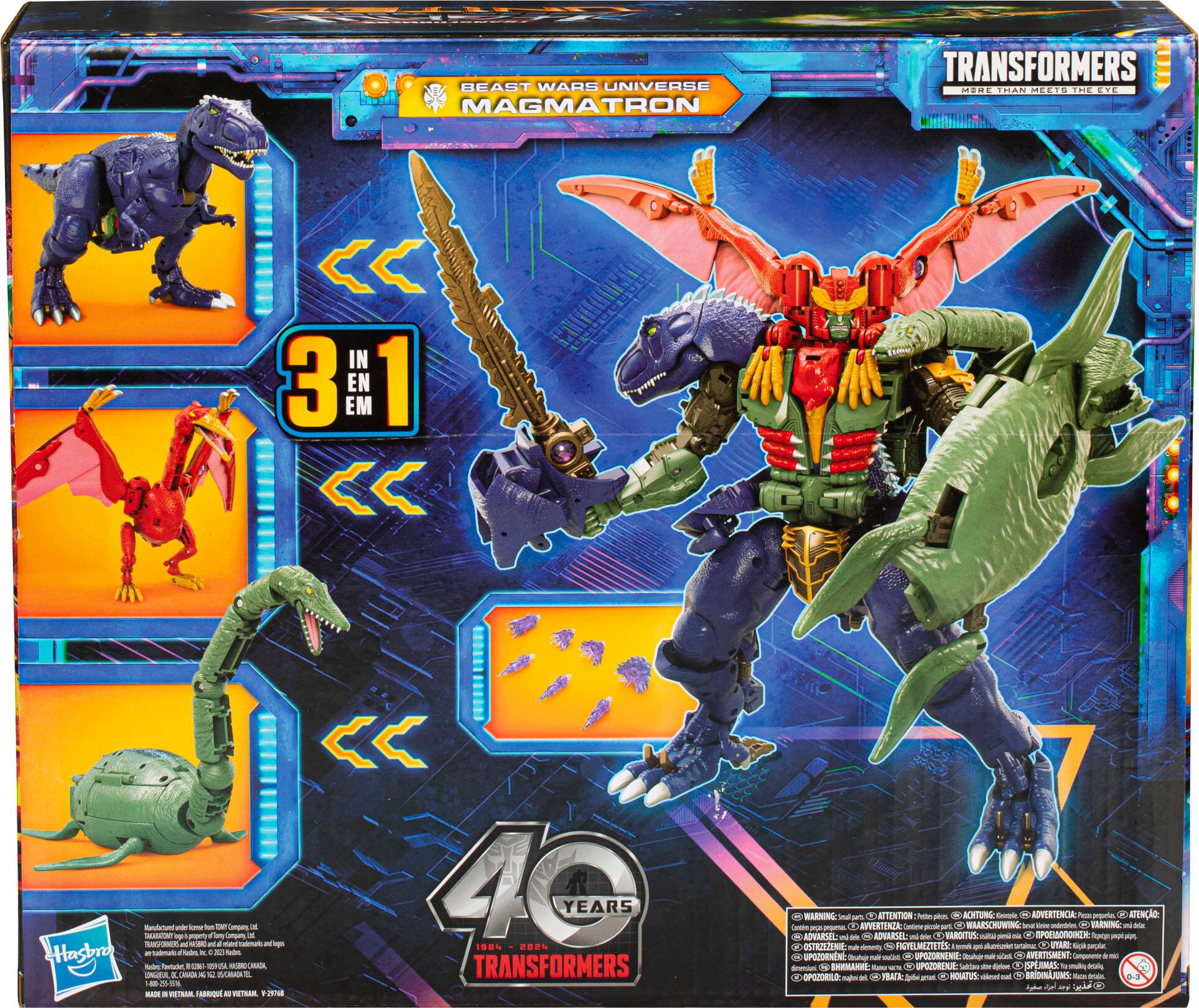 The image features a box of Transformers toys, specifically the Magmatron figure. The box is blue and has a dragon on it. The toy set includes a variety of figures, such as a dragon and a shark. The box also contains a 40th anniversary celebration of the Transformers franchise. The toys are designed to be compatible with other Transformers figures, allowing for exciting playtime and creative storytelling.