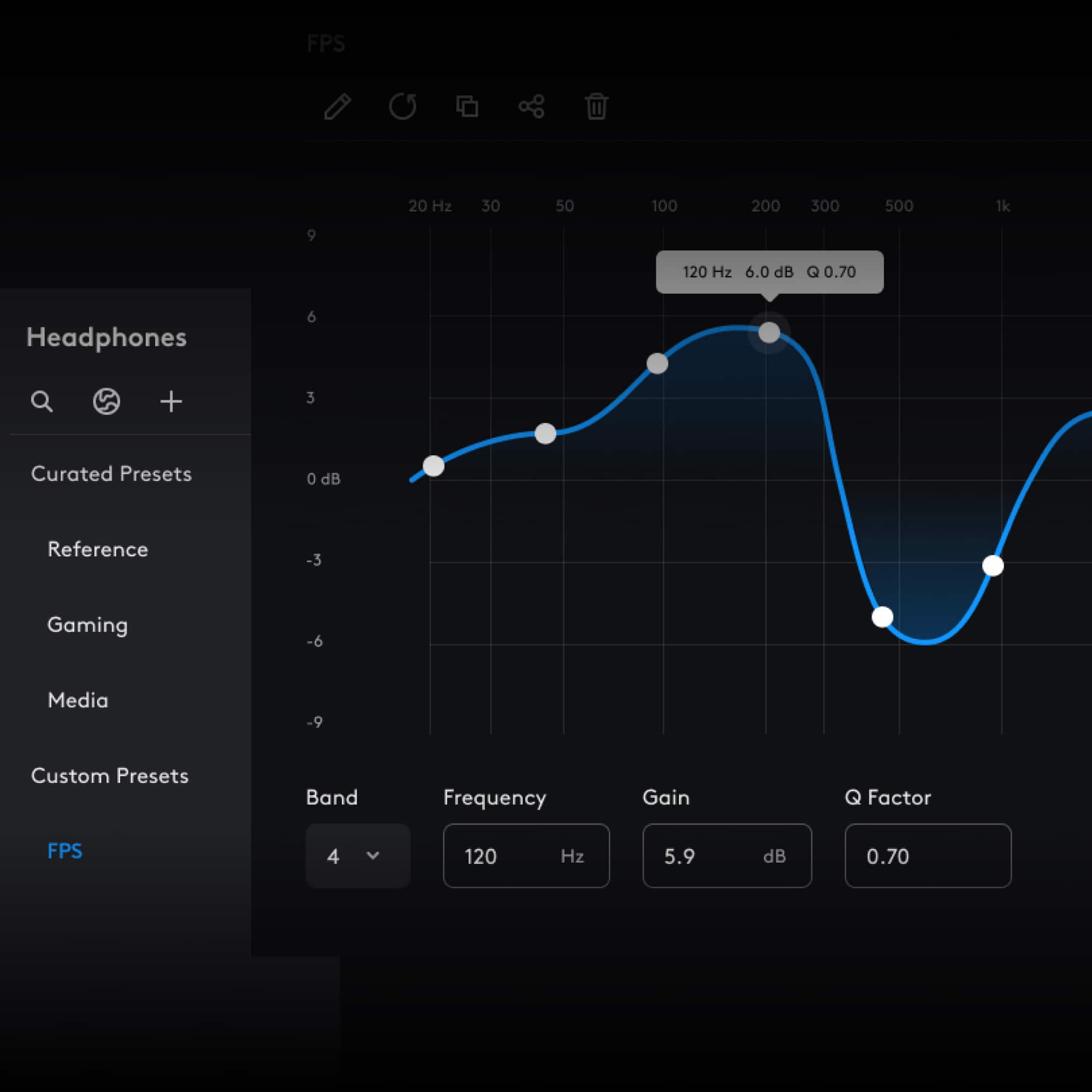 The image displays a graph with a blue curve, indicating a frequency response. The graph is labeled with various frequency ranges, including 20 Hz, 30 Hz, 50 Hz, 100 Hz, 200 Hz, 300 Hz, 500 Hz, 1 kHz, and 9 kHz. The graph also shows a frequency response for headphones, with a frequency range of 6 Hz to 120 Hz. The graph is accompanied by a text description, which includes information about the frequency response, gain, and Q factor. The text also mentions custom presets and the reference frequency.