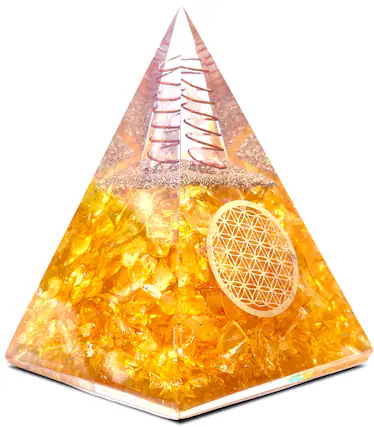 Front. Refined Abode Design - Citrine Orgonite Pyramid for Wealth, Meditation & Energy Balance – Handcrafted Success Decor - Citrine.