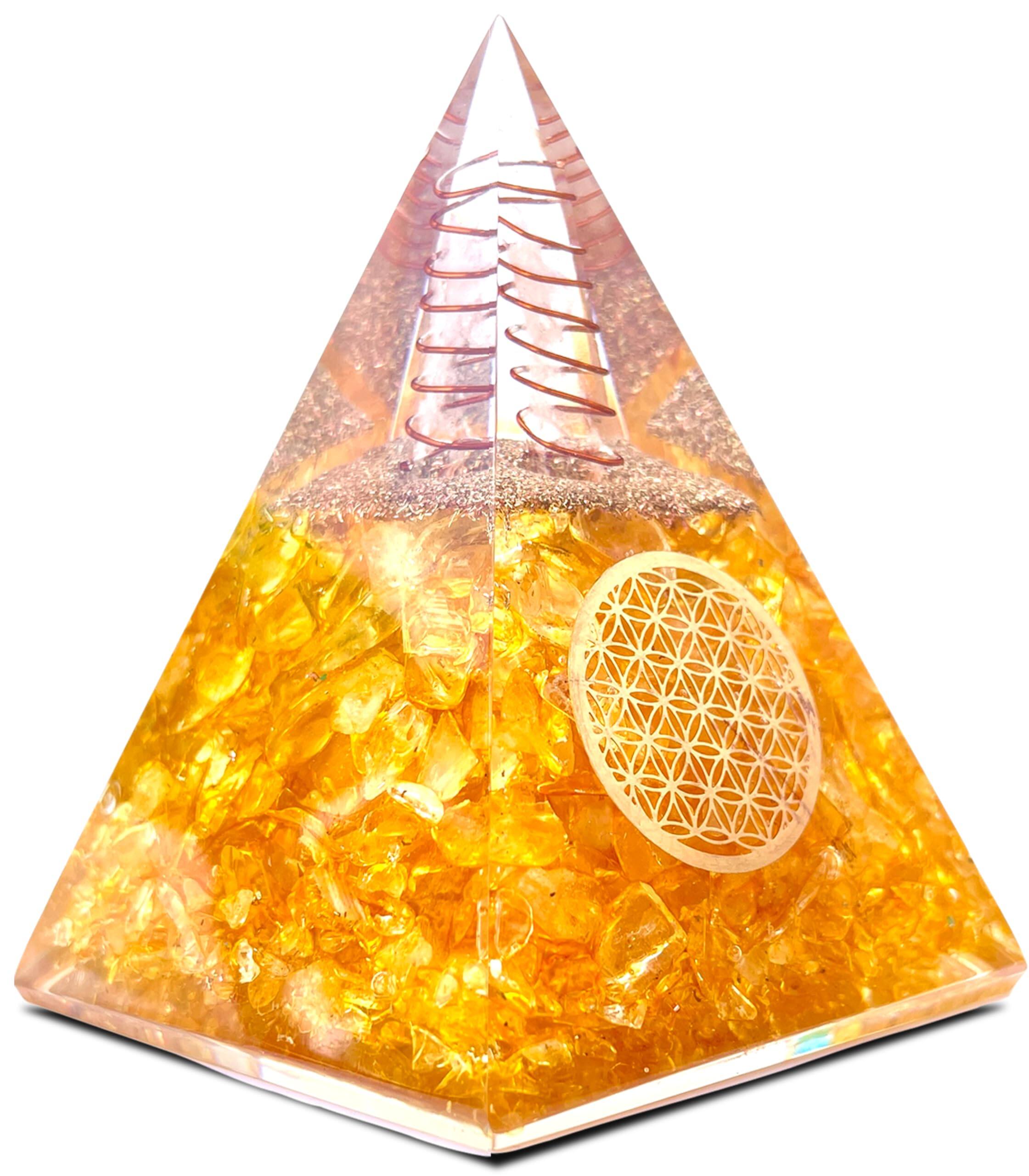 Front. Refined Abode Design - Citrine Orgonite Pyramid for Wealth, Meditation & Energy Balance – Handcrafted Success Decor - Citrine.
