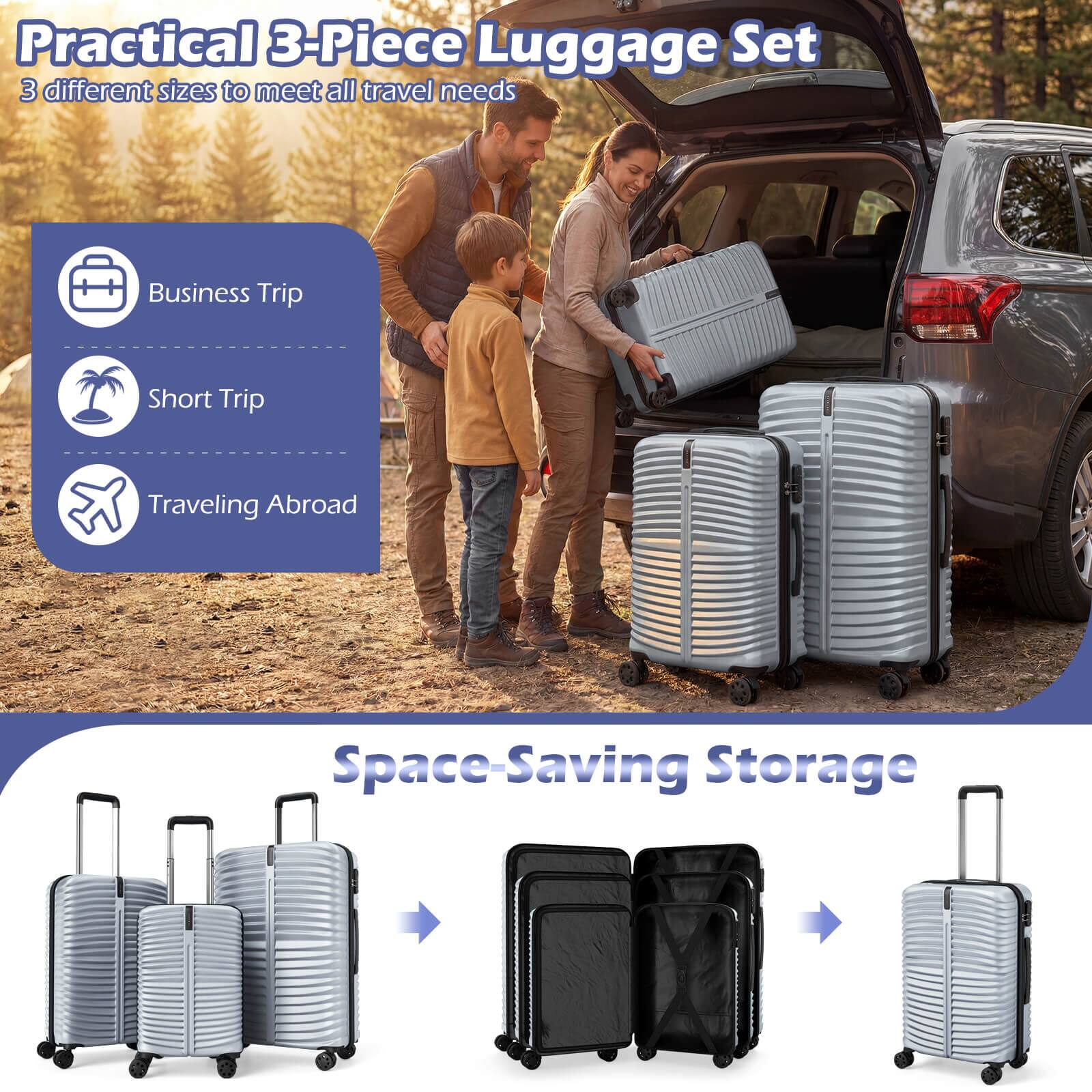 Practical 3-Piece Luggage Set  
3 different sizes to meet all travel needs  

- Business Trip  
- Short Trip  
- Traveling Abroad  

Space-Saving Storage