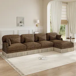Anysun - 131" 4-Seater Flexible Modular Leopard Print Chenille L-Shaped Sofa with Tassel Edges & Movable Ottoman - Brown