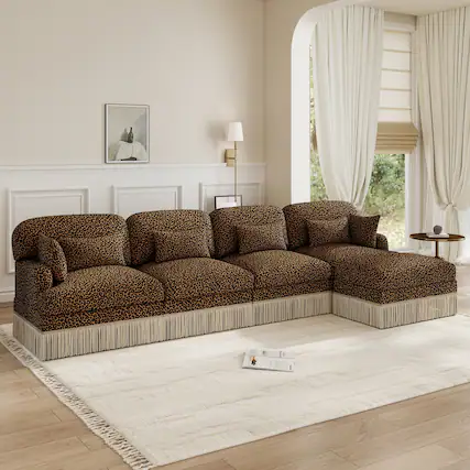 Front. Anysun - 131" 4-Seater Flexible Modular Leopard Print Chenille L-Shaped Sofa with Tassel Edges & Movable Ottoman - Brown.