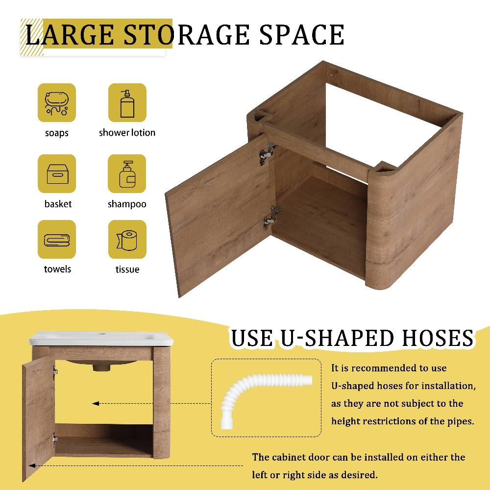 LARGE STORAGE SPACE

- soaps
- shower lotion
- basket
- shampoo
- towels
- tissue

USE U-SHAPED HOSES

It is recommended to use U-shaped hoses for installation, as they are not subject to the height restrictions of the pipes.

The cabinet door can be installed on either the left or right side as desired.