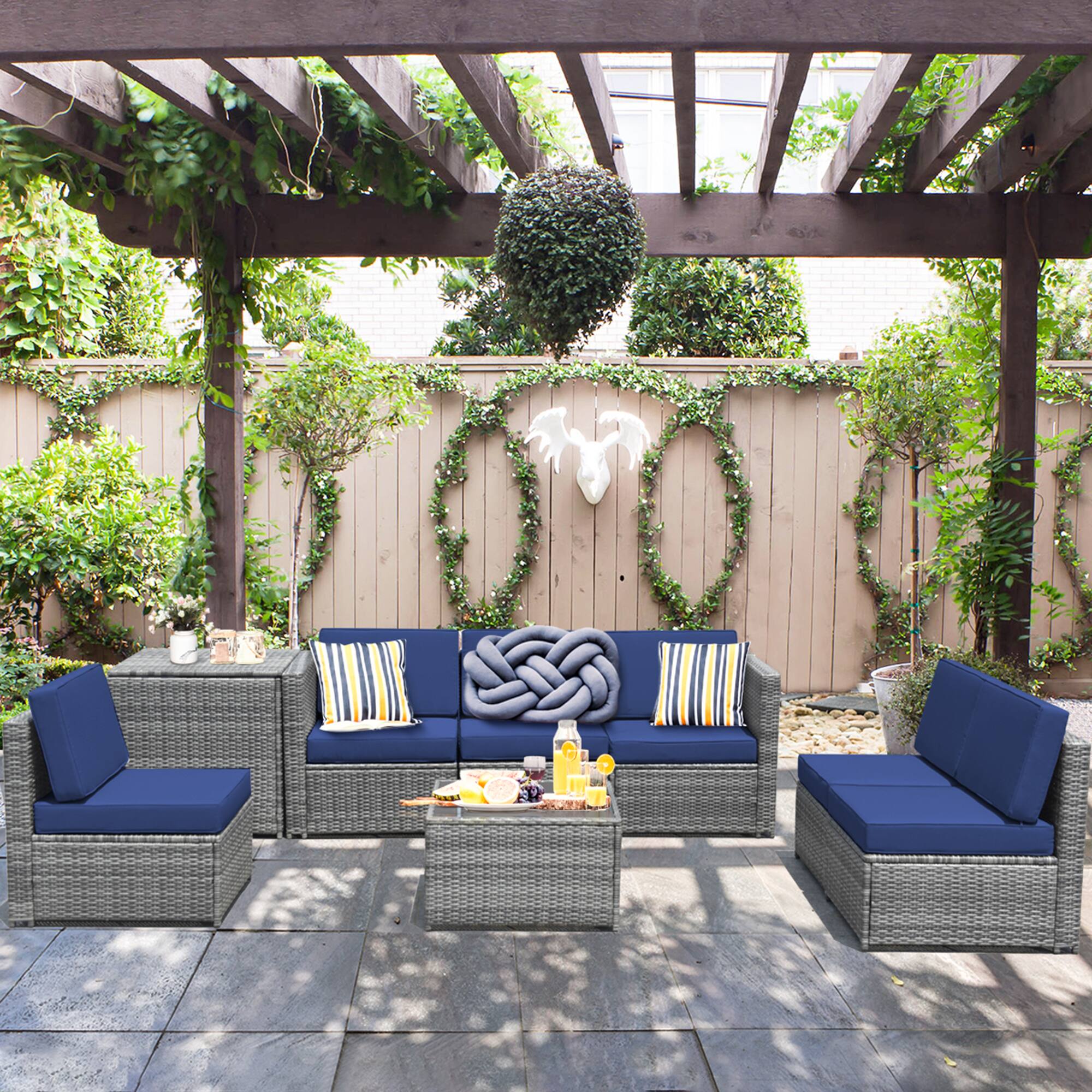 Alt View 2. Gymax - Gymax 8PCS Patio Rattan Sofa Sectional Conversation Furniture Set w/ Navy Cushion - Navy.