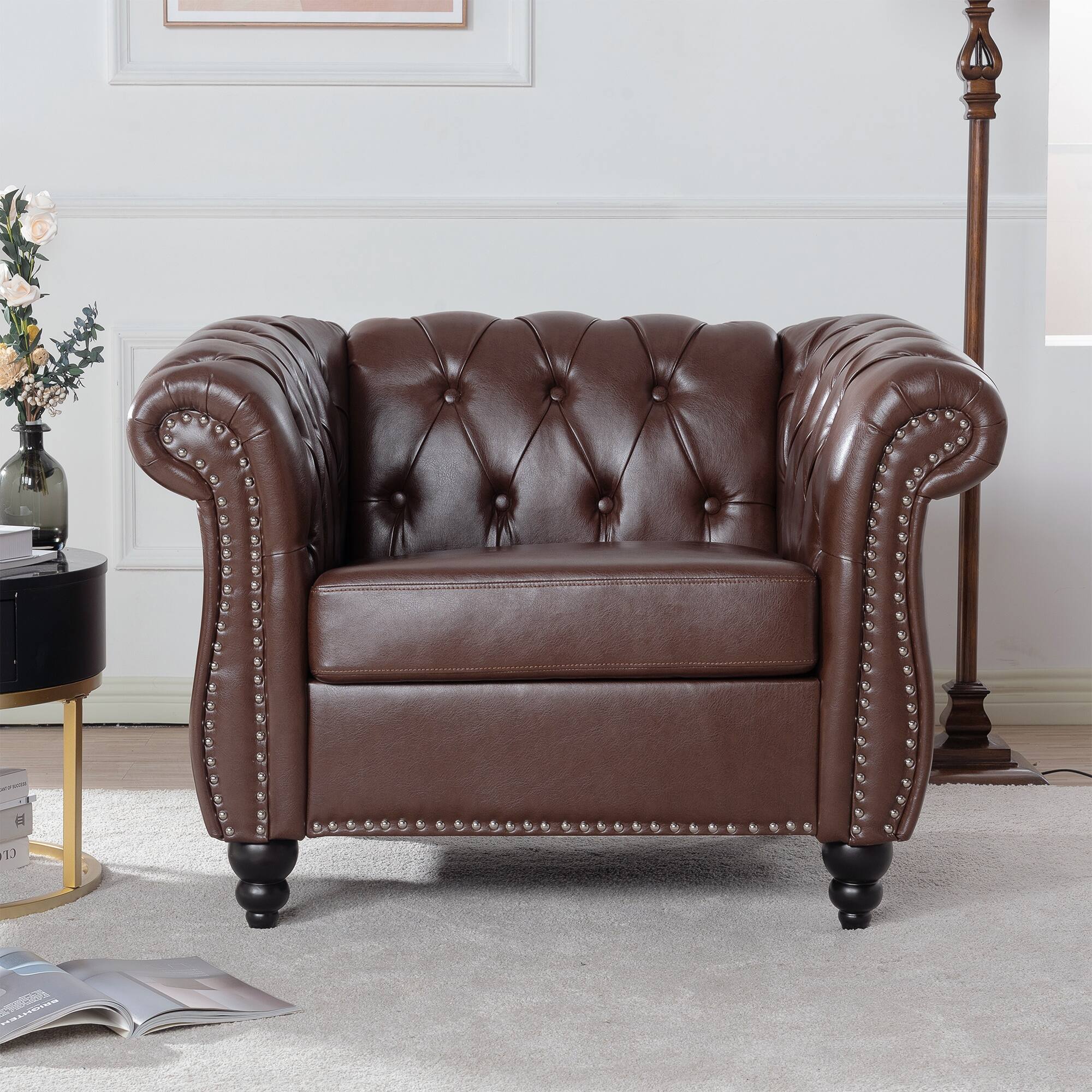 Left. Boyel Living - Traditional Faux Leather Upholstered Club Chair - Brown and Matte Black and Silver.