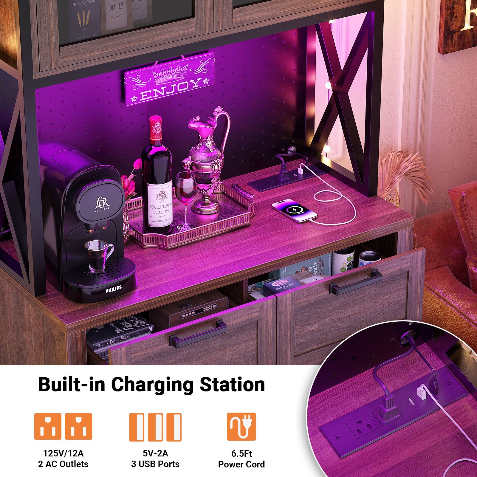 Built-in Charging Station

- 125V/12A
- 2 AC Outlets
- 5V-2A
- 3 USB Ports
- 6.5Ft Power Cord