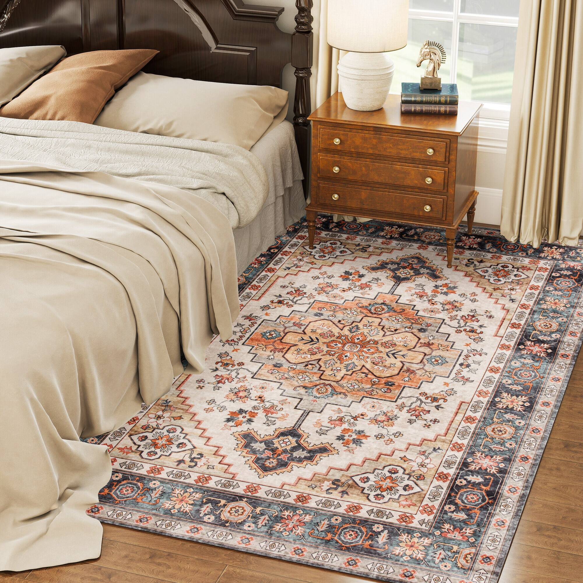 Alt View 1. Homcom - Washable Area Rug 5'x7', Vintage Distressed Carpet, Floral Print, Tawny Brown - Tawny brown.