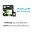 The image showcases an HP printer and ink cartridges, with a box that reads "Works with HP Printers." The printer is compatible with various HP models, including the HP OfficeJet 200, 5700, 8040 series and the HP ENVY 5540, 5640, 5660, 7640 series. The image also features a download link for the HP Smart app, which can be used to enhance the printing experience.