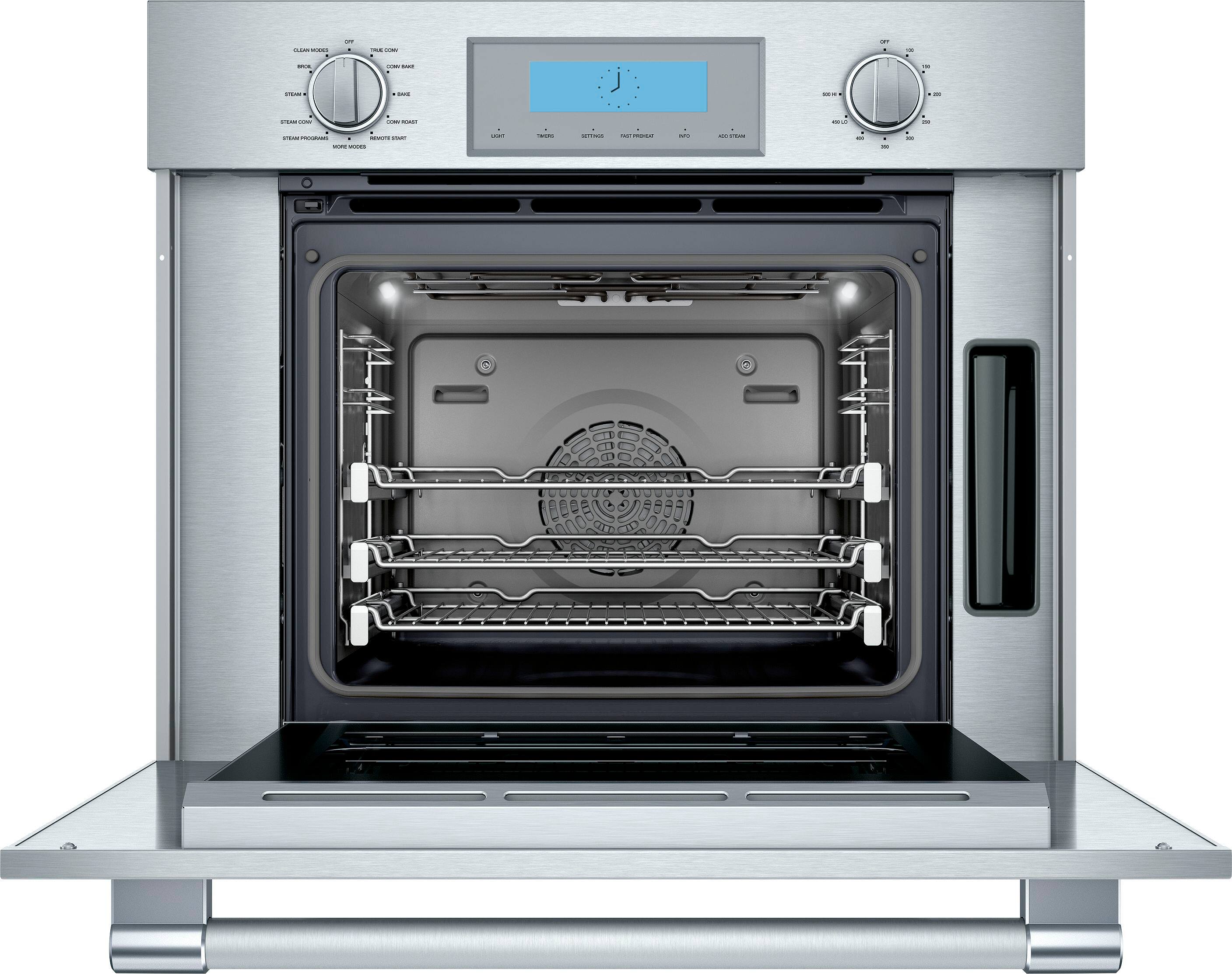 The oven has a digital display with the time and temperature. The oven is empty and ready for use.