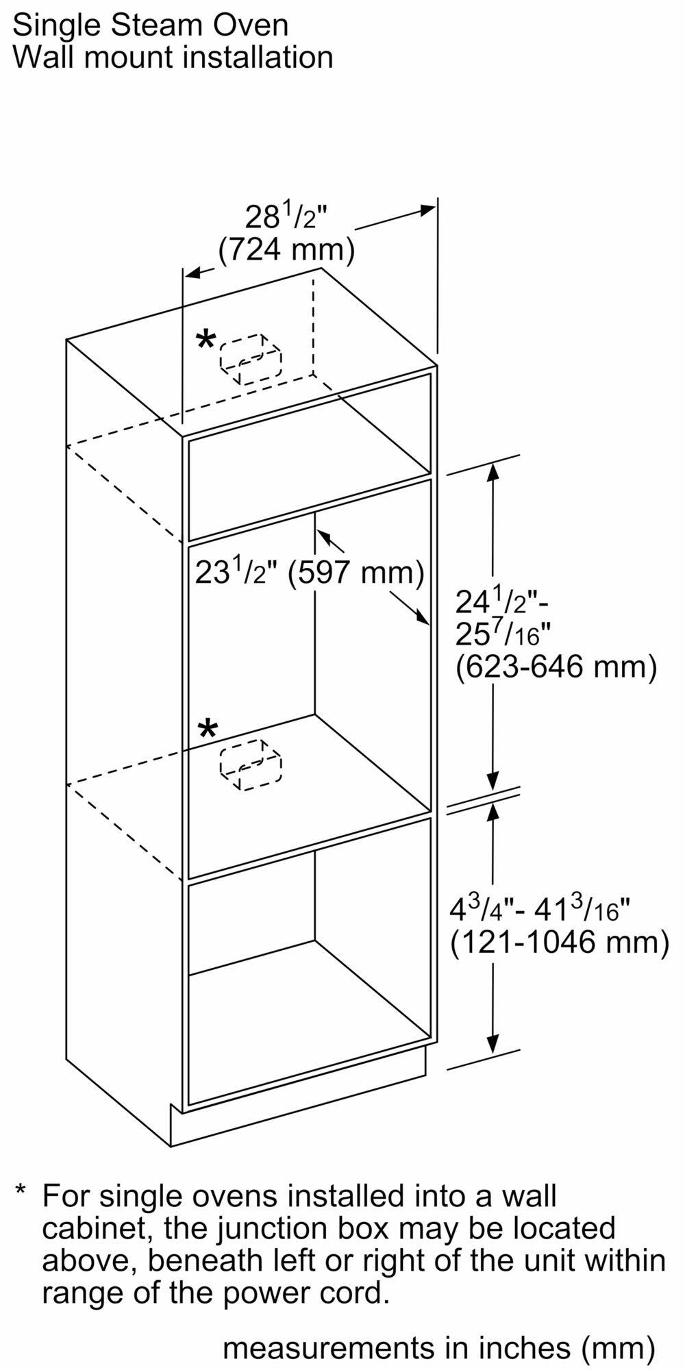 Single Steam Oven Wall Mount Installation:

* 281/2" (724 mm)
* 231/2" (597 mm)
* 241/2"- 257/16" (623-646 mm)
* 43/4"- 413/16" (121-1046 mm)

For single ovens installed into a wall cabinet, the junction box may be located above, beneath left or right of the unit within range of the power cord. Measurements in inches (mm).