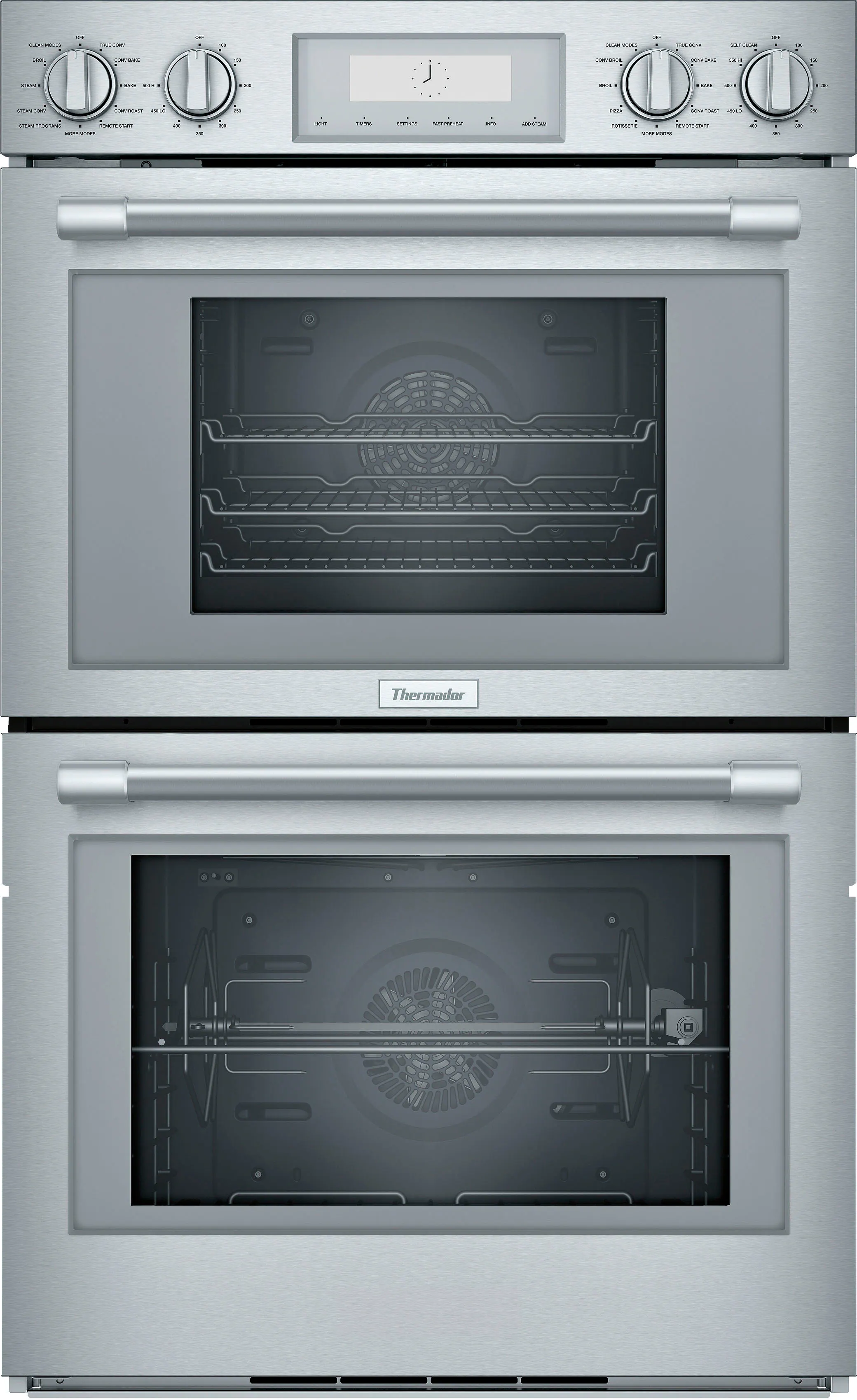 Thermador oven with two compartments, one of which is empty and the other has a clock on the front.