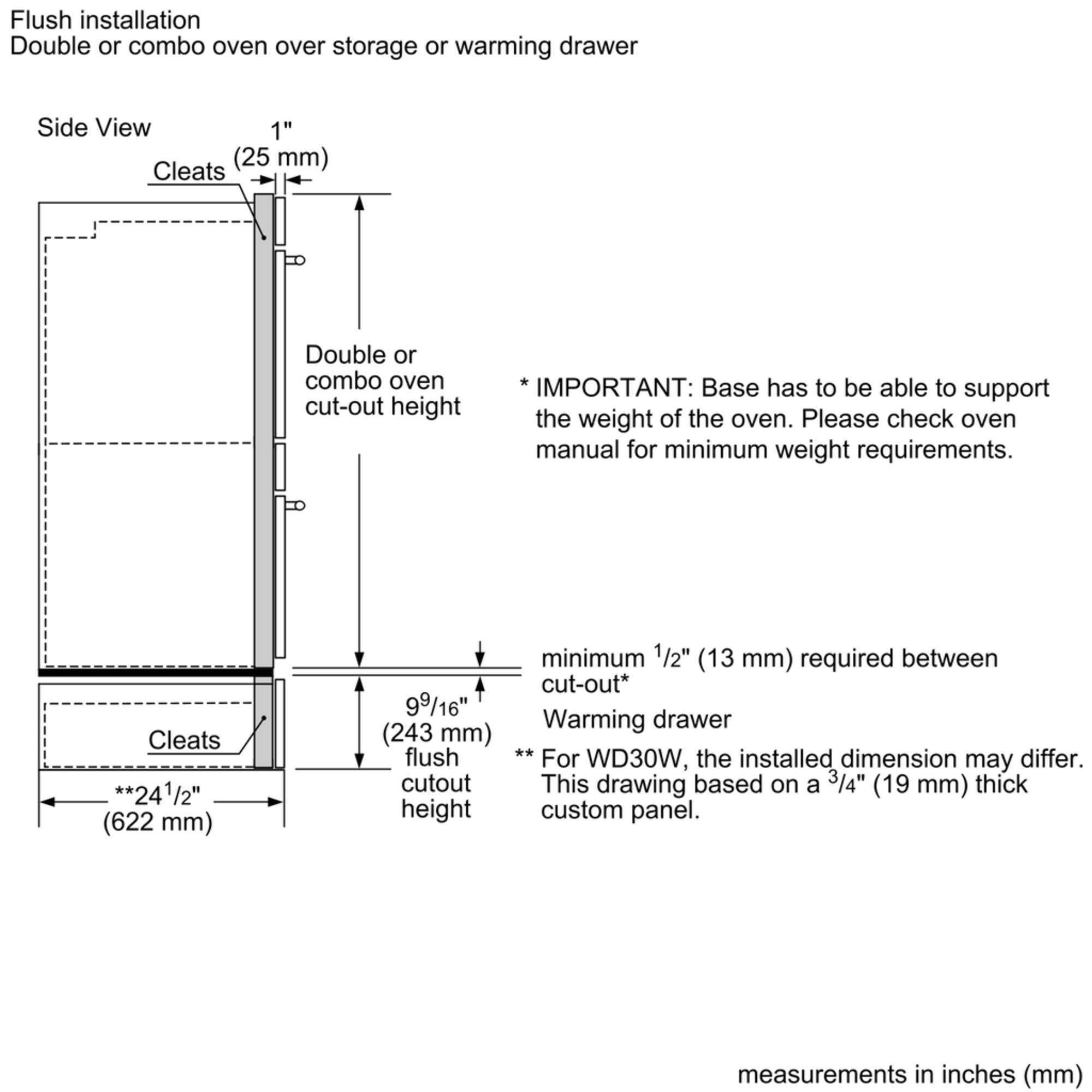 Flush installation Double or combo oven over storage or warming drawer Side View 1" Cleats (25 mm) Double or combo oven cut-out height IMPORTANT: Base has to be able to support the weight of the oven. Please check oven manual for minimum weight requirements. Cleats **241/2" (622 mm) 99/16" (243 mm) flush cutout height minimum 1/2" (13 mm) required between cut-out* Warming drawer ** For WD30W, the installed dimension may differ. This drawing based on a 3/4" (19 mm) thick custom panel. measurements in inches (mm)