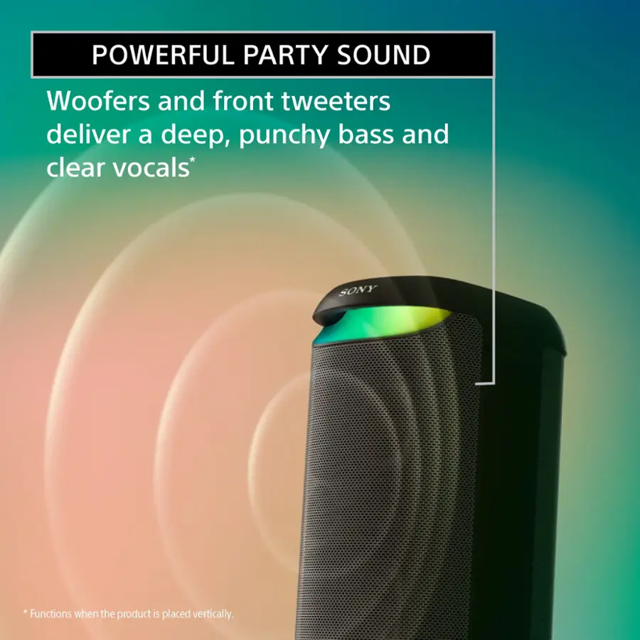 Powerful Party Sound: Woofers and front tweeters deliver a deep, punchy bass and clear vocals. Sony Functions when the product is placed vertically.