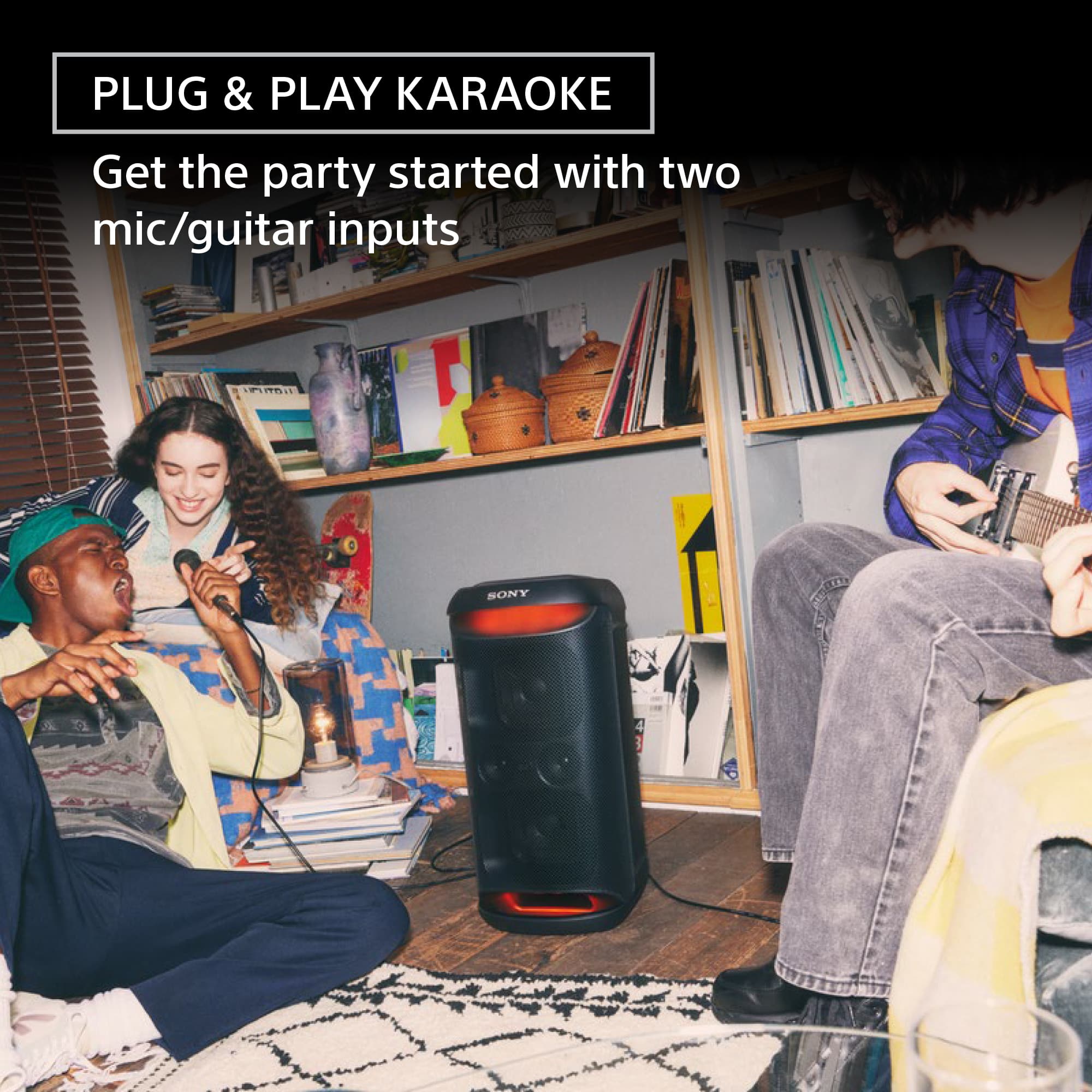 The text on the image reads "PLUG & PLAY KARAOKE Get the party started with two mic/guitar inputs in mil SONY."