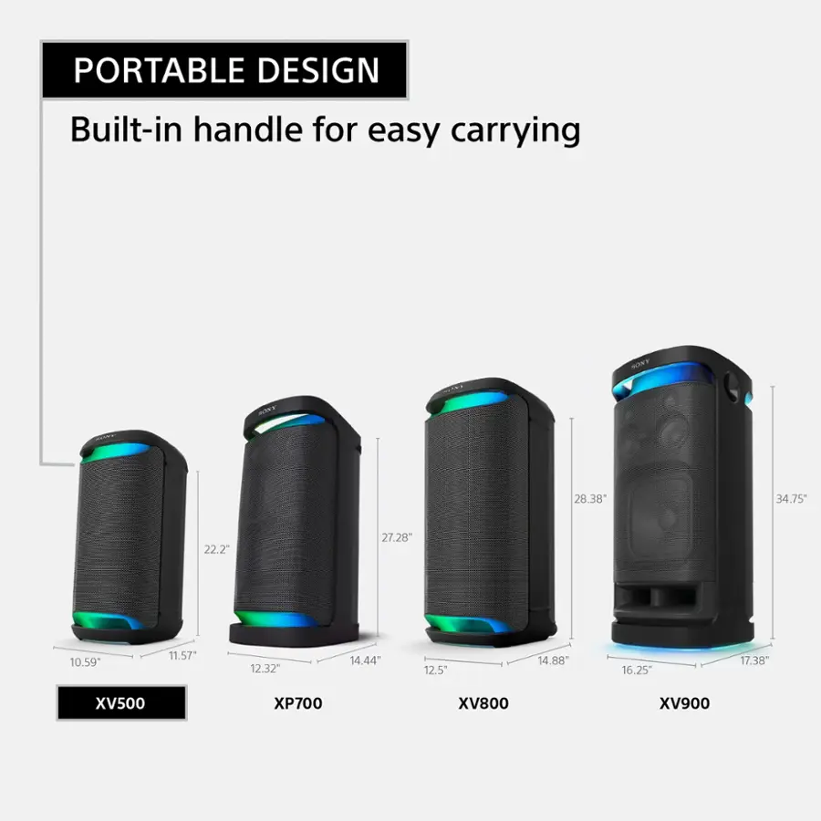 Portable Design: Built-in handle for easy carrying.

1. 1 THO (34.75"): 10.59"
2. 2 THO (34.75"): 11.57"
3. 3 THO (34.75"): 12.32"
4. 4 THO (34.75"): 14.44"
5. 5 THO (34.75"): 12.5"
6. 6 THO (34.75"): 14.88"
7. 7 THO (34.75"): 16.25"
8. 8 THO (34.75"): 17.38"

XS500, XP700, XV800, XV900