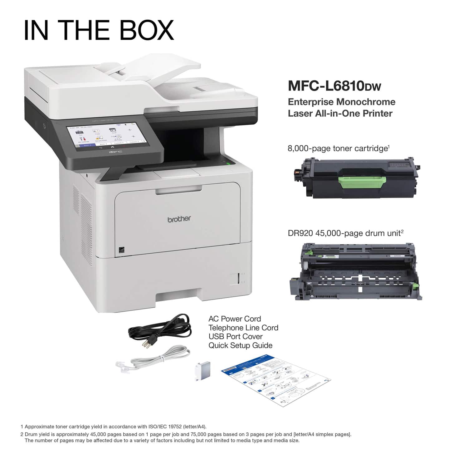 The image features a large white printer, likely a laser printer, sitting on top of a desk. The printer is accompanied by a power cord and a telephone line cord, as well as a USB port cover. The printer is advertised as having a large toner cartridge and a high drum yield, making it suitable for enterprise use. The image also includes a quick setup guide for the printer, which is placed on the desk alongside the printer.