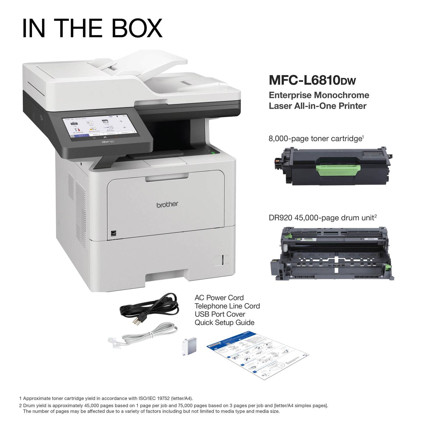 The image features a large white printer, likely a laser printer, sitting on top of a desk. The printer is accompanied by a power cord and a telephone line cord, as well as a USB port cover. The printer is advertised as having a large toner cartridge and a high drum yield, making it suitable for enterprise use. The image also includes a quick setup guide for the printer, which is placed on the desk alongside the printer.