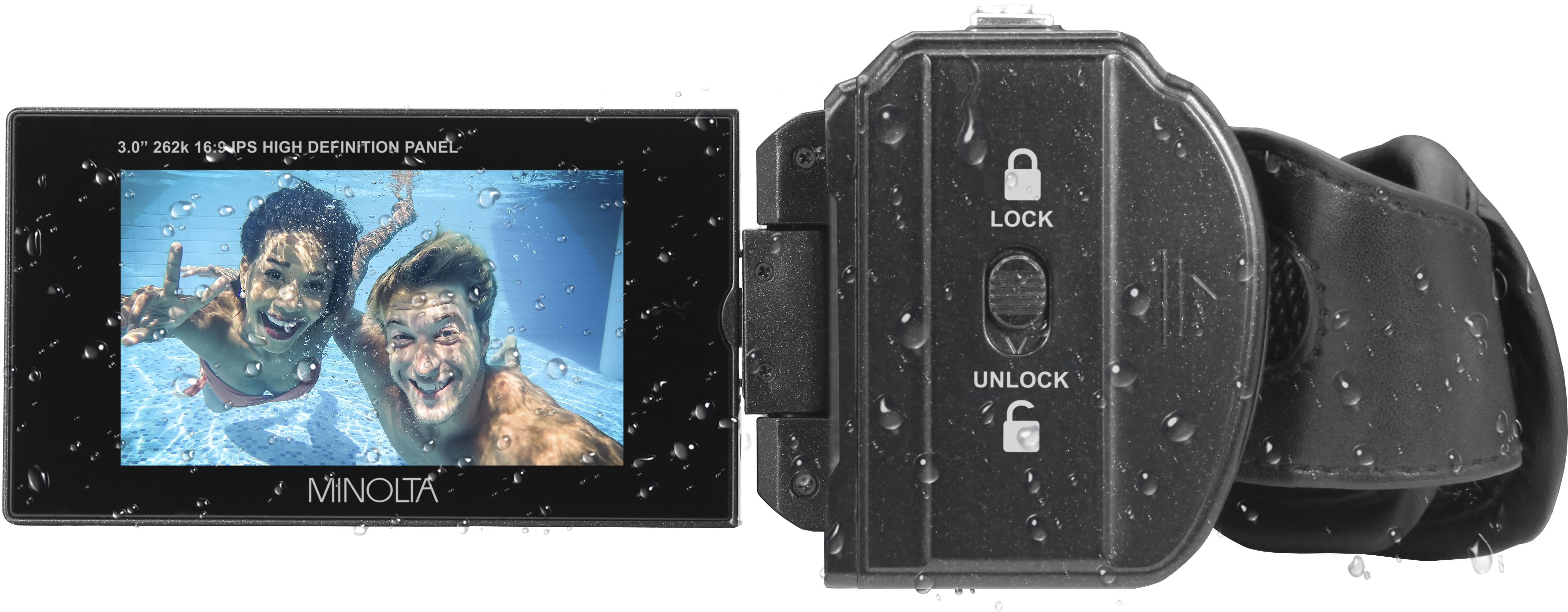 Back View: Minolta - MN4K300WP 4K Video 56-Megapixel Waterproof Camcorder - Black
