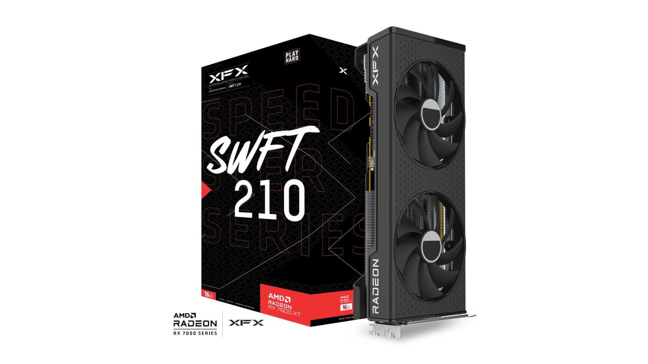 The image features a graphics card, specifically an AMD Radeon RX 7000 series card, with a large fan attached to it. The card is in a box, and the box is labeled with the name "Swift 210." The card is designed to provide high-performance gaming and graphics capabilities.