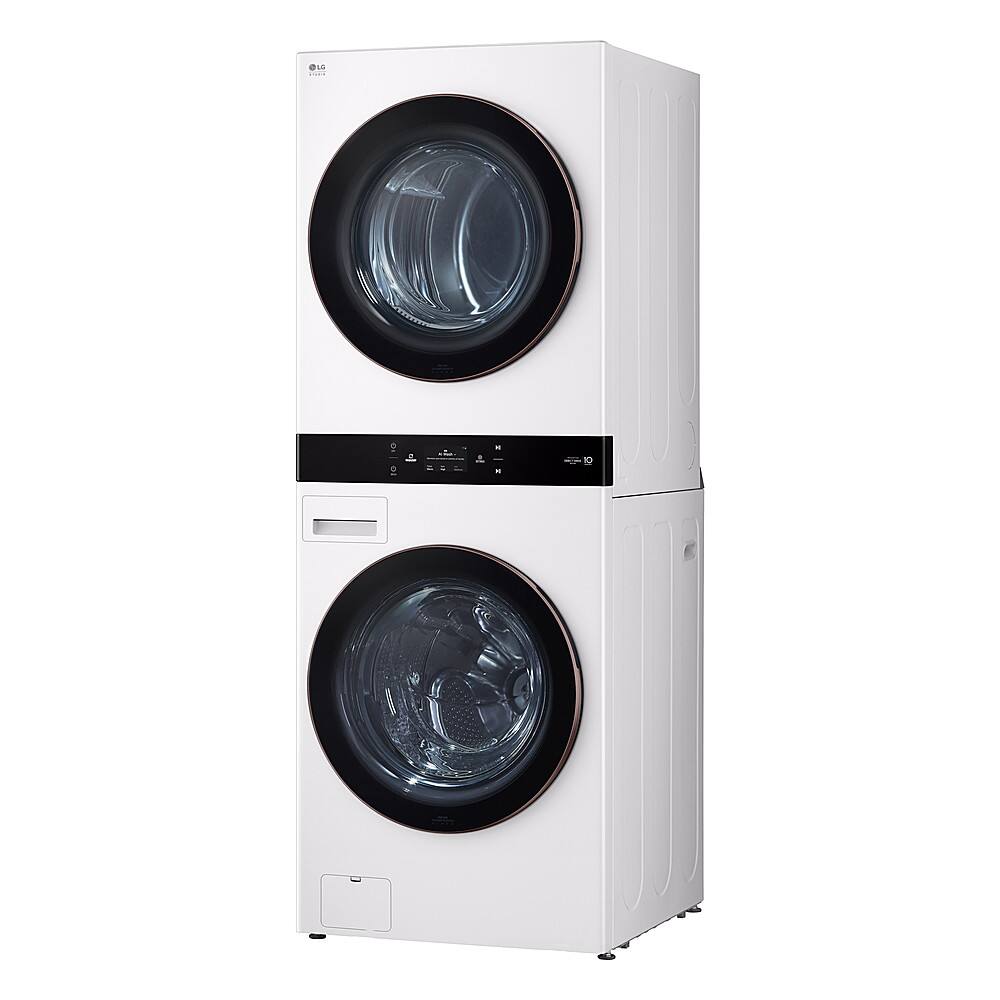 Angle. LG - STUDIO 5.0 Cu. Ft. HE Smart Front Load Washer and 7.4 Cu. Ft. Gas Dryer WashTower with Steam and TurboWash 360 - Essence White.