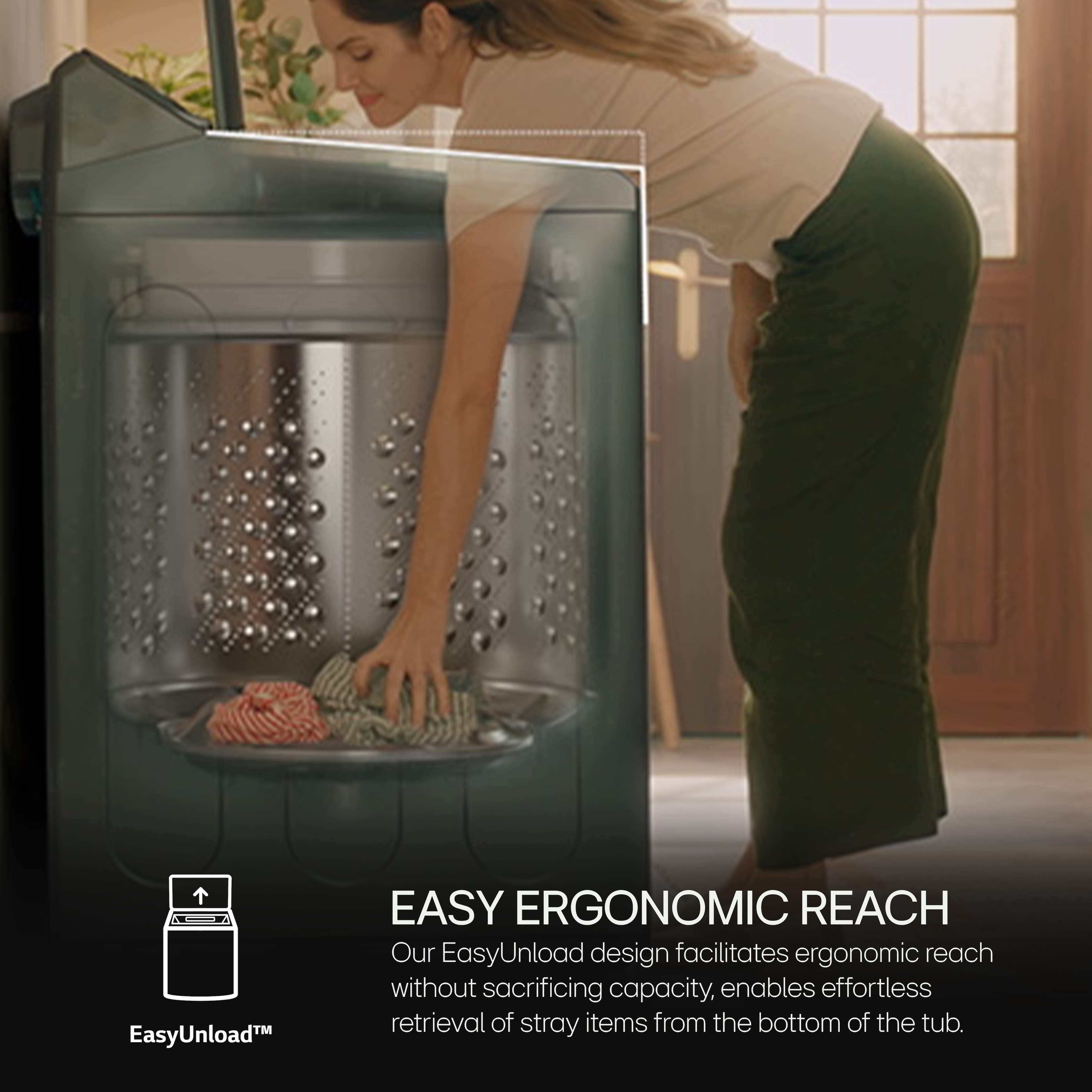 EasyUnloadTM is our ergonomic reach design that facilitates effortless retrieval of stray items from the bottom of the tub without sacrificing capacity.