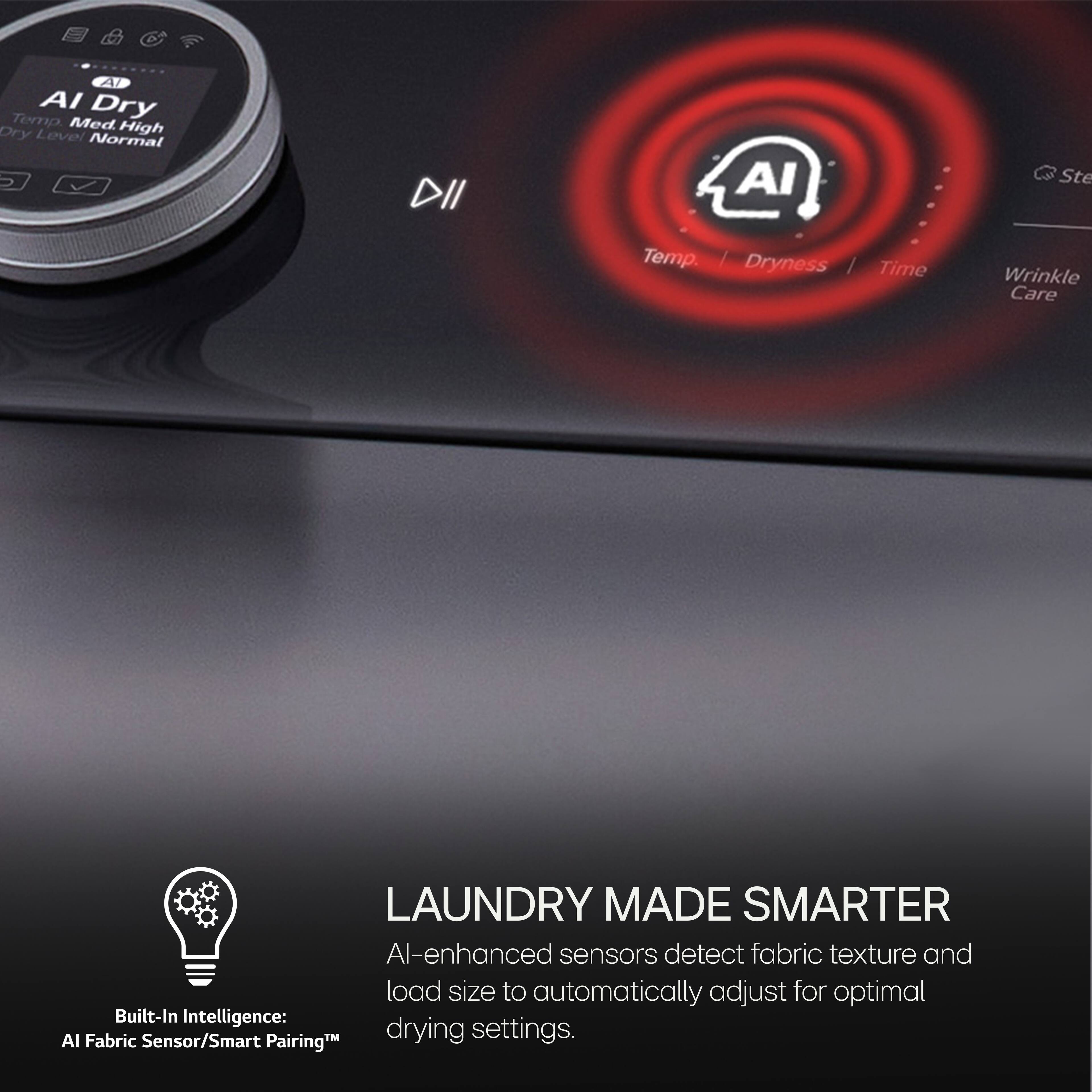 The text on the image reads: "Laundry Made Smarter: AI-enhanced sensors detect fabric texture and load size to automatically adjust for optimal drying settings. Built-in Intelligence: AI Fabric Sensor/Smart Pairing."