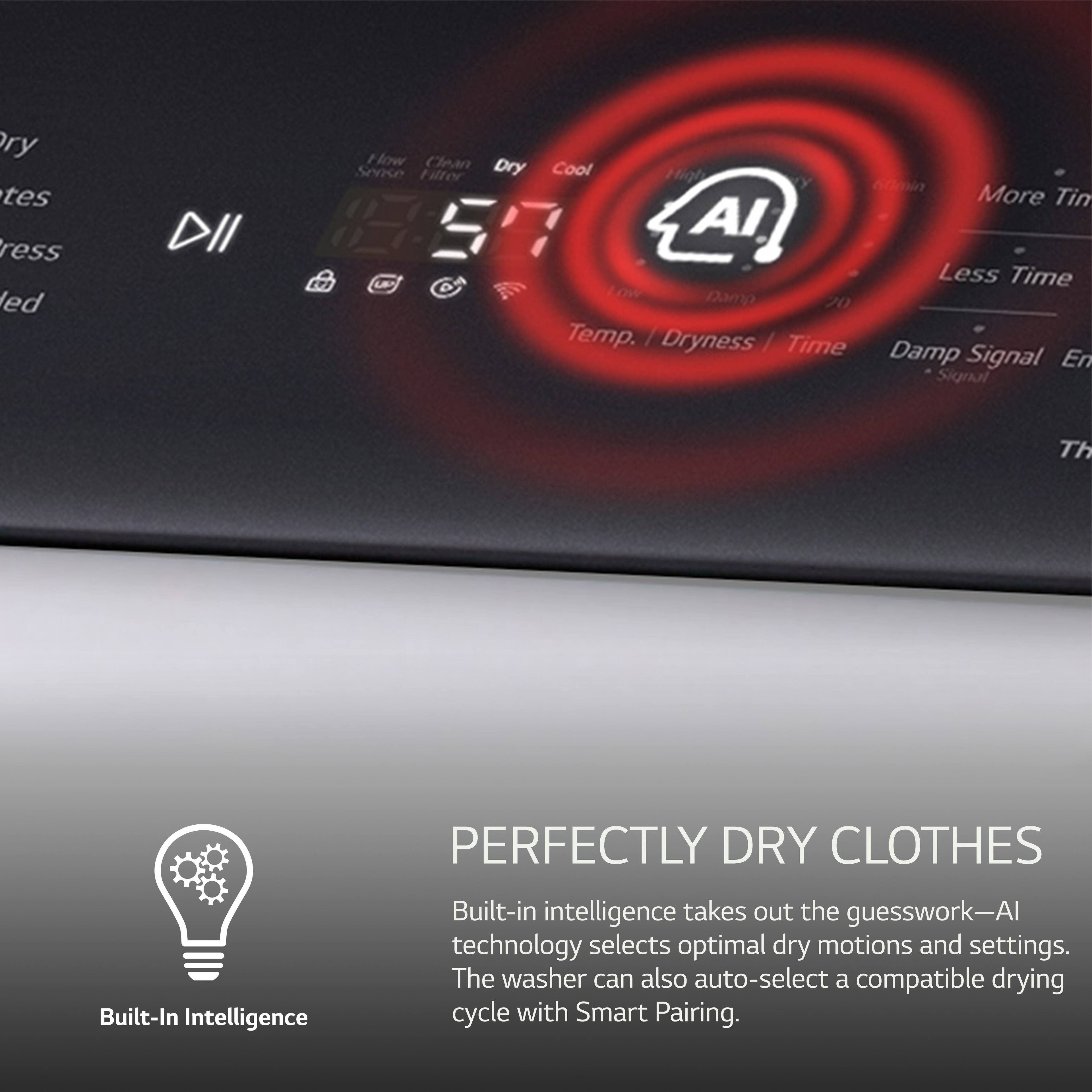The image features a washer and dryer combo with a red circle in the center, which has a built-in intelligence system. The text on the image reads: "Built-in intelligence takes out the guesswork-AI technology selects optimal dry motions and settings. The washer can also auto-select a compatible drying cycle with Smart Pairing." The image emphasizes the efficiency and convenience of the washer and dryer combo, as it uses AI technology to optimize the drying process and can automatically select the best drying cycle.