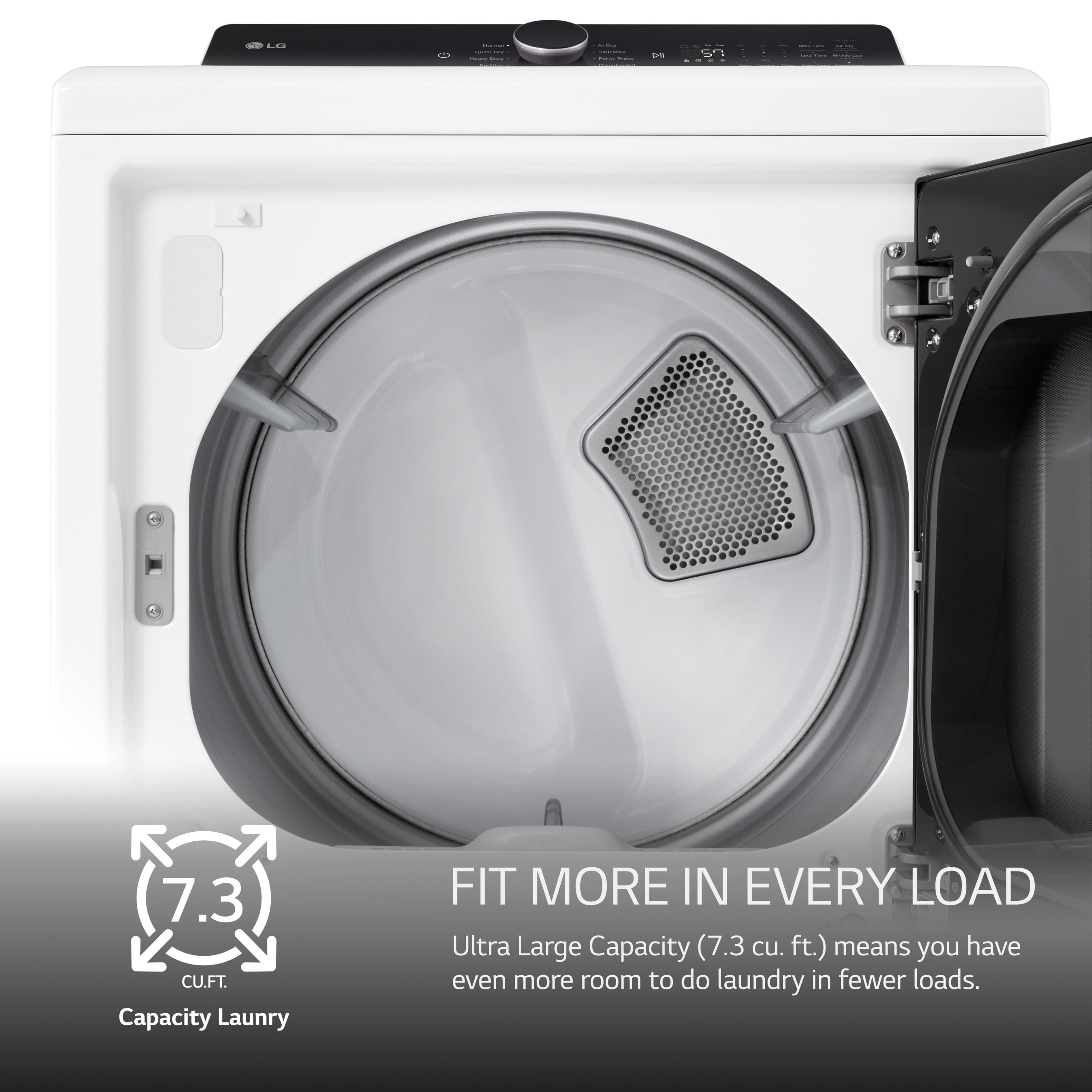 Ultra Large Capacity (7.3 cu. ft.) means you have even more room to do laundry in fewer loads.