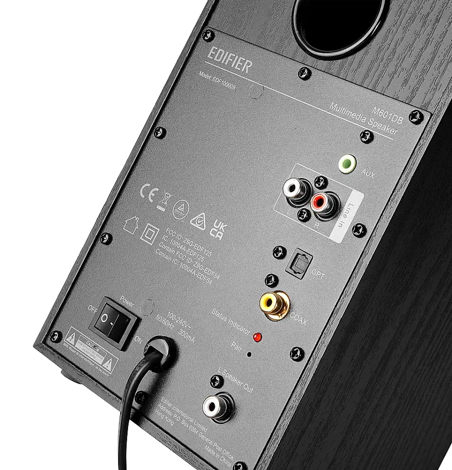 EDIFIER Model: EDF100009 EDF Multimedia M601DB Speaker AUX OFF 0 ExUI 23 FCC UK C: D CA Contain 10004A Z9G-EDF125 ContainIC ContainFCCID IC FCC ID 25 25 Z9G-EDF54 Power 50/60Hz 100-240V- Status 300mA Indicator ON Pair R OPT COAX Line In L Speaker Out Edifier Hong Kong Address International Plaza 6284 General Post Office China