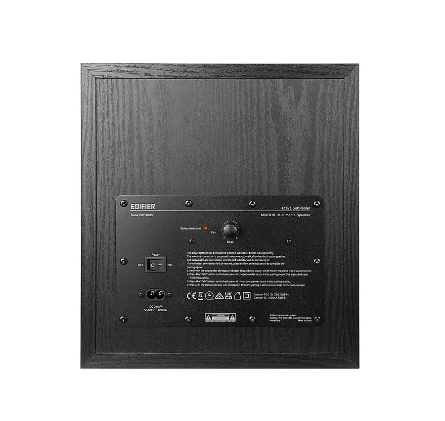 The image features a black box with a red button on it. The box is labeled "Edifier," and it is likely a multimedia speaker. The red button is located in the middle of the box, and there are also several other buttons around it. The box is placed on a white background, which highlights the black color of the box and the red button.