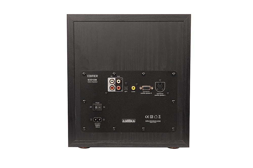 The text on the image reads "Edifier S351DB Aclivre Speaker PC AUX I. OFT COAX Cennect l - speaker. Cone - natural speaker. Power of 100 2OV~ 50 500mA."