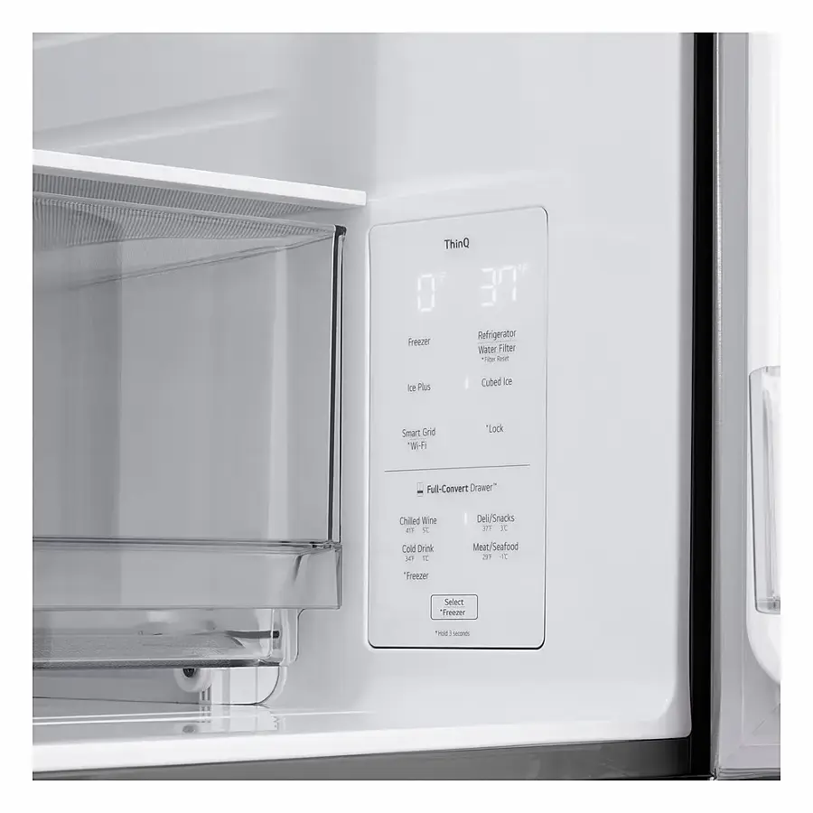 The image shows a white microwave oven with a digital display. The display shows the current temperature inside the oven, which is 37 degrees Celsius. The microwave is placed inside a refrigerator, and the oven is empty, with no food items visible. The oven is a smart appliance, as indicated by the "Smart Grid Wi-Fi" feature.