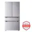 The image features a large refrigerator with a freezer on top, standing in a white background. The refrigerator is made by LG and has a silver color. It is an advertisement for LG's refrigerators, which are known to be America's most reliable line of appliances.