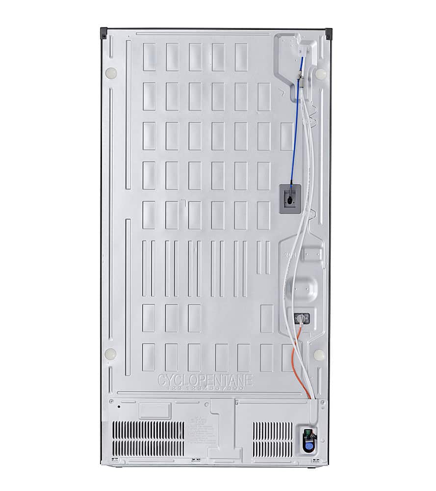 The image features a white appliance, possibly a microwave or oven, with its back panel removed. The back panel is held in place by several screws. The appliance is connected to a power source, as evidenced by the power cord and plug visible in the image. The appliance is likely in the process of being installed or repaired.