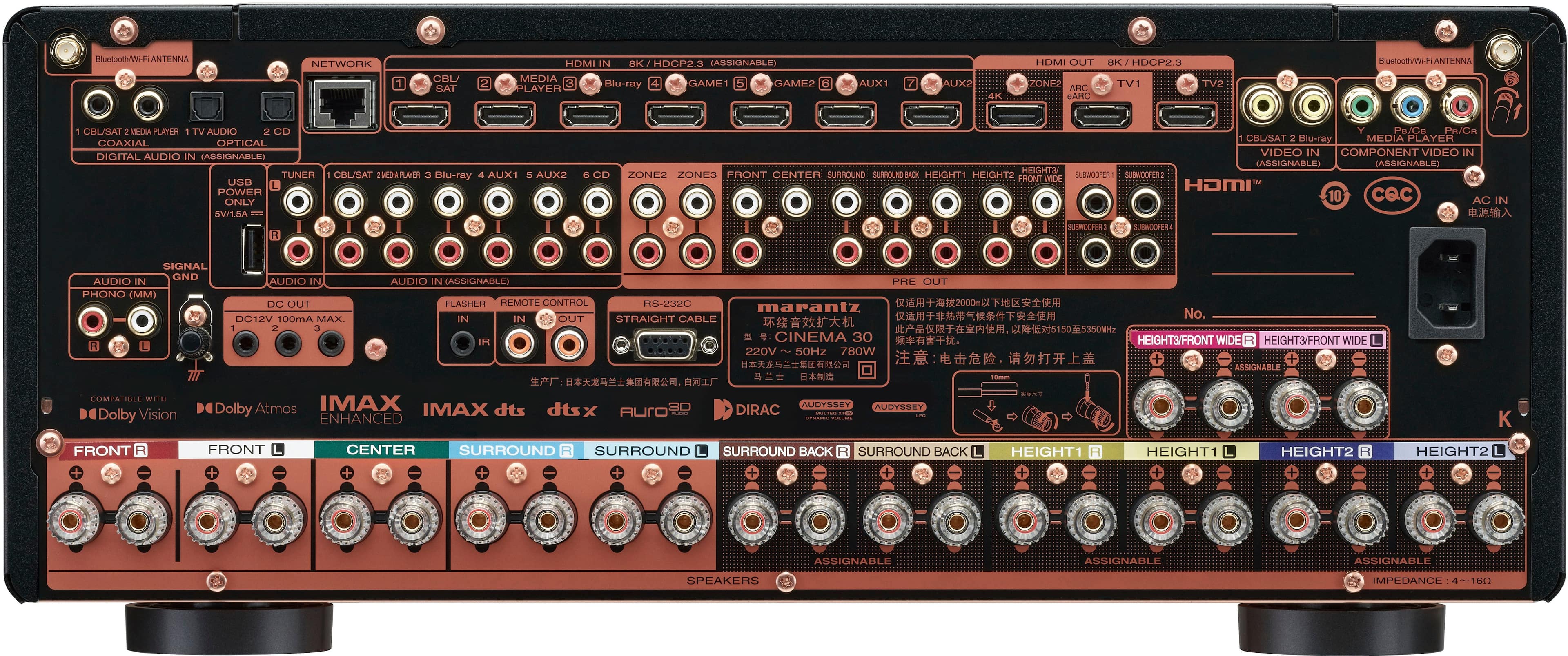 Back. Marantz - Cinema 30 140W 11.4-Ch. Bluetooth Capable with HEOS 8K Ultra HD A/V Home Theater Receiver with Alexa - Black.