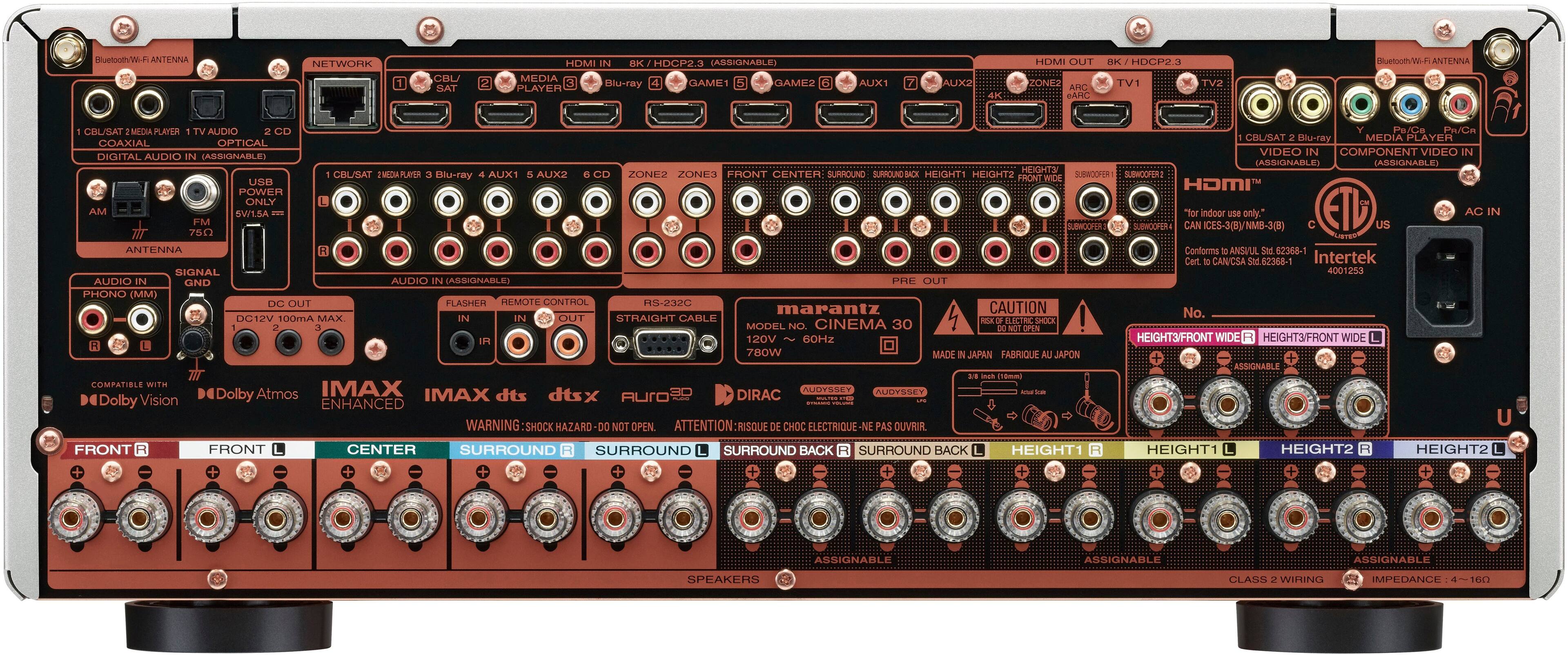 Back. Marantz - Cinema 30 140W 11.4-Ch. Bluetooth Capable with HEOS 8K Ultra HD A/V Home Theater Receiver with Alexa - Silver Gold.