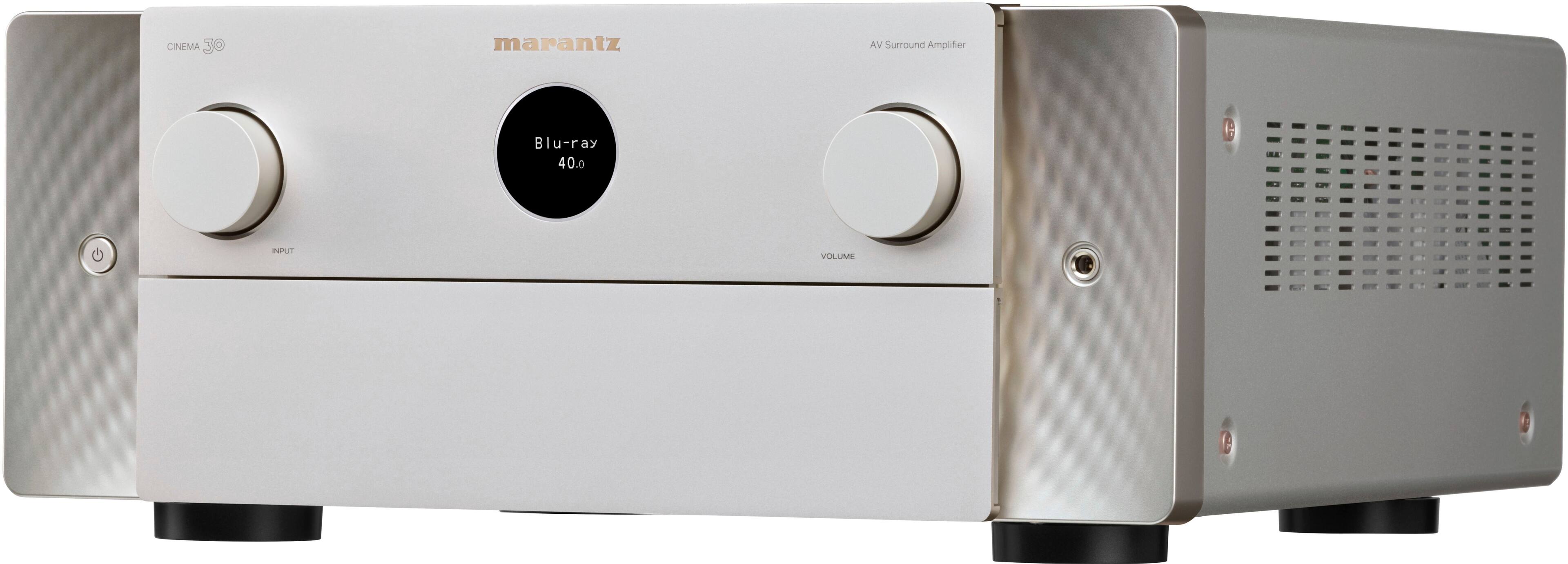 Left. Marantz - Cinema 30 140W 11.4-Ch. Bluetooth Capable with HEOS 8K Ultra HD A/V Home Theater Receiver with Alexa - Silver Gold.