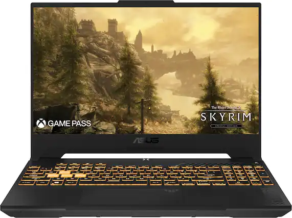 The image features a black laptop with a game pass for Skyrim displayed on the screen. The laptop is turned on, and the game pass is prominently visible, indicating that the user has access to the game. The laptop is placed on a flat surface, and the focus is on the screen, showcasing the game pass and the game itself.