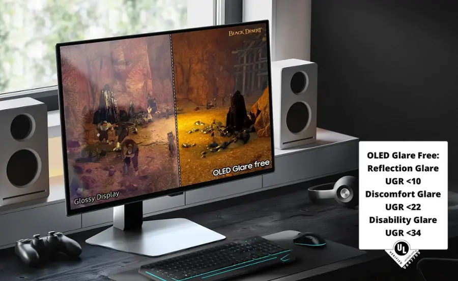 The text on the image is grouped and corrected as follows:

"BLACK DESERT Glossy Display Glare free OLED OLED Glare Free: Reflection Glare UGR <10 Discomfort Glare UGR <22 Disability Glare UGR <34 UL VERIFIED V647799 veuitylil.com"